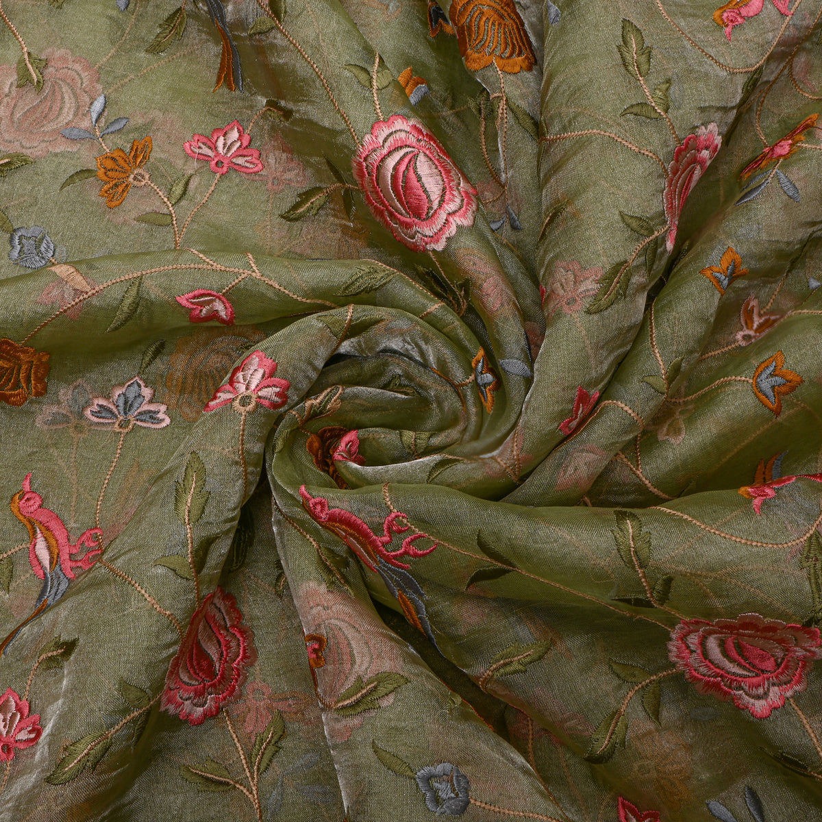 Bright Green Floral Thread WorkTissue Fabric