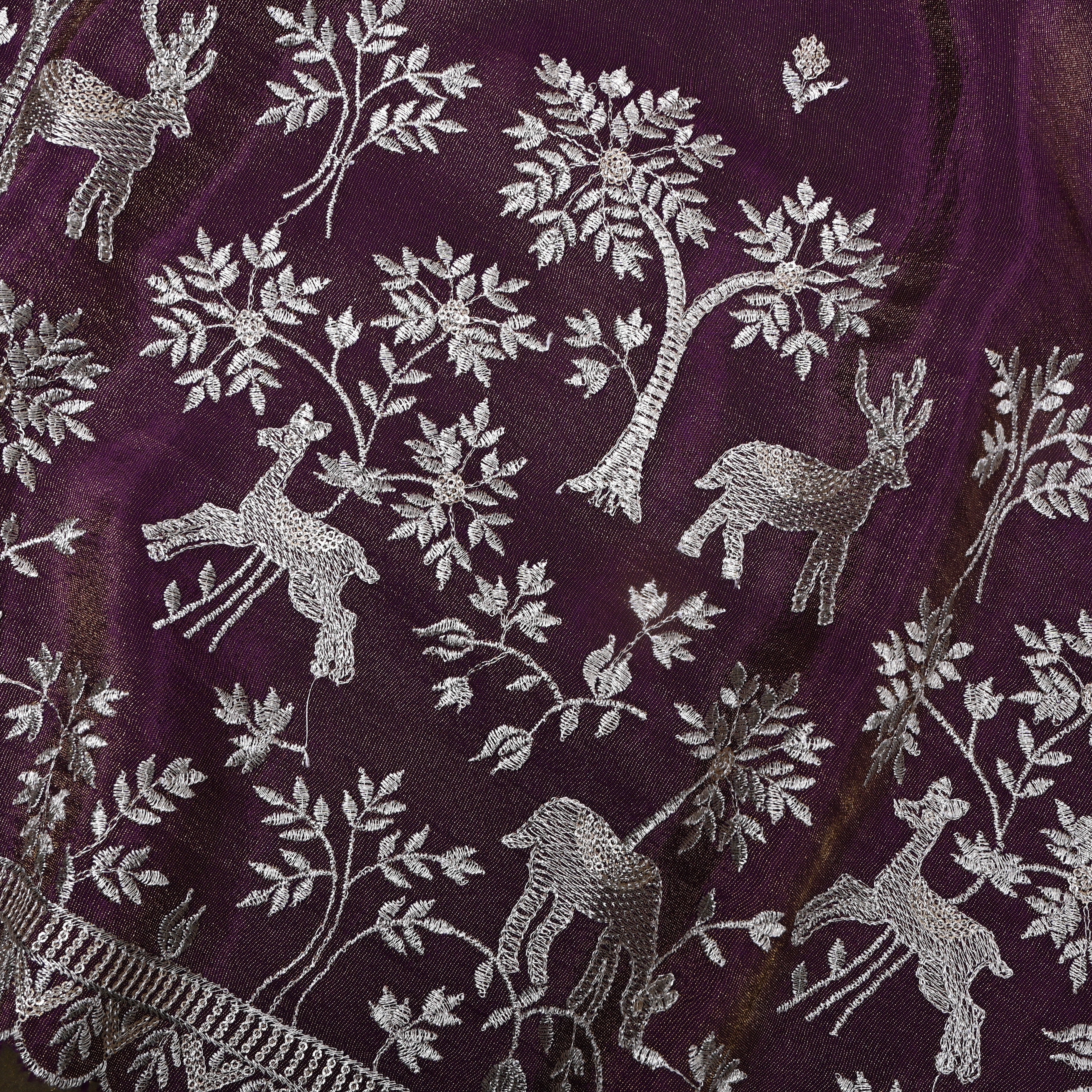 Dark Royal Purple Floral Shikargah Embroidery Tissue Fabric