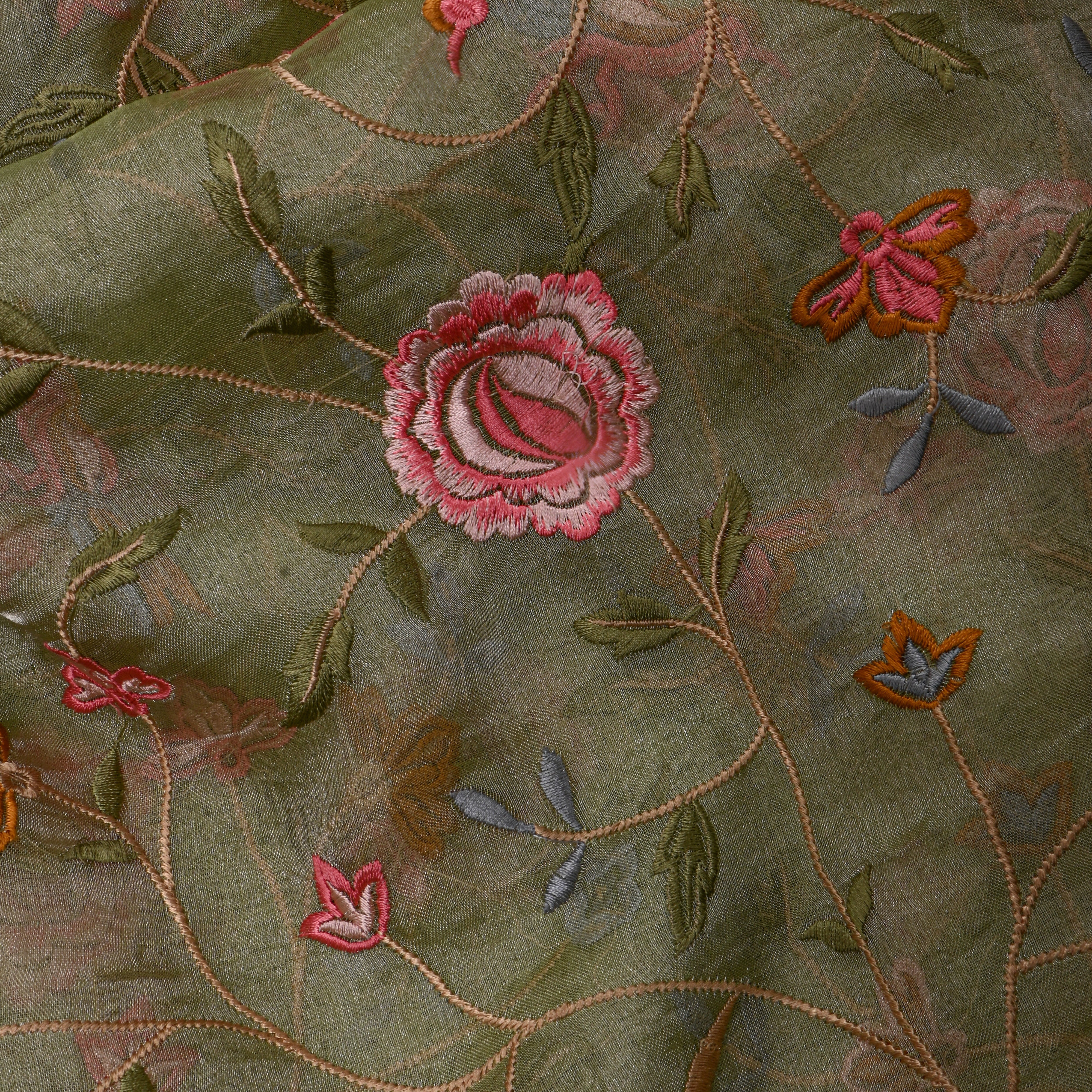 Bright Green Floral Thread WorkTissue Fabric