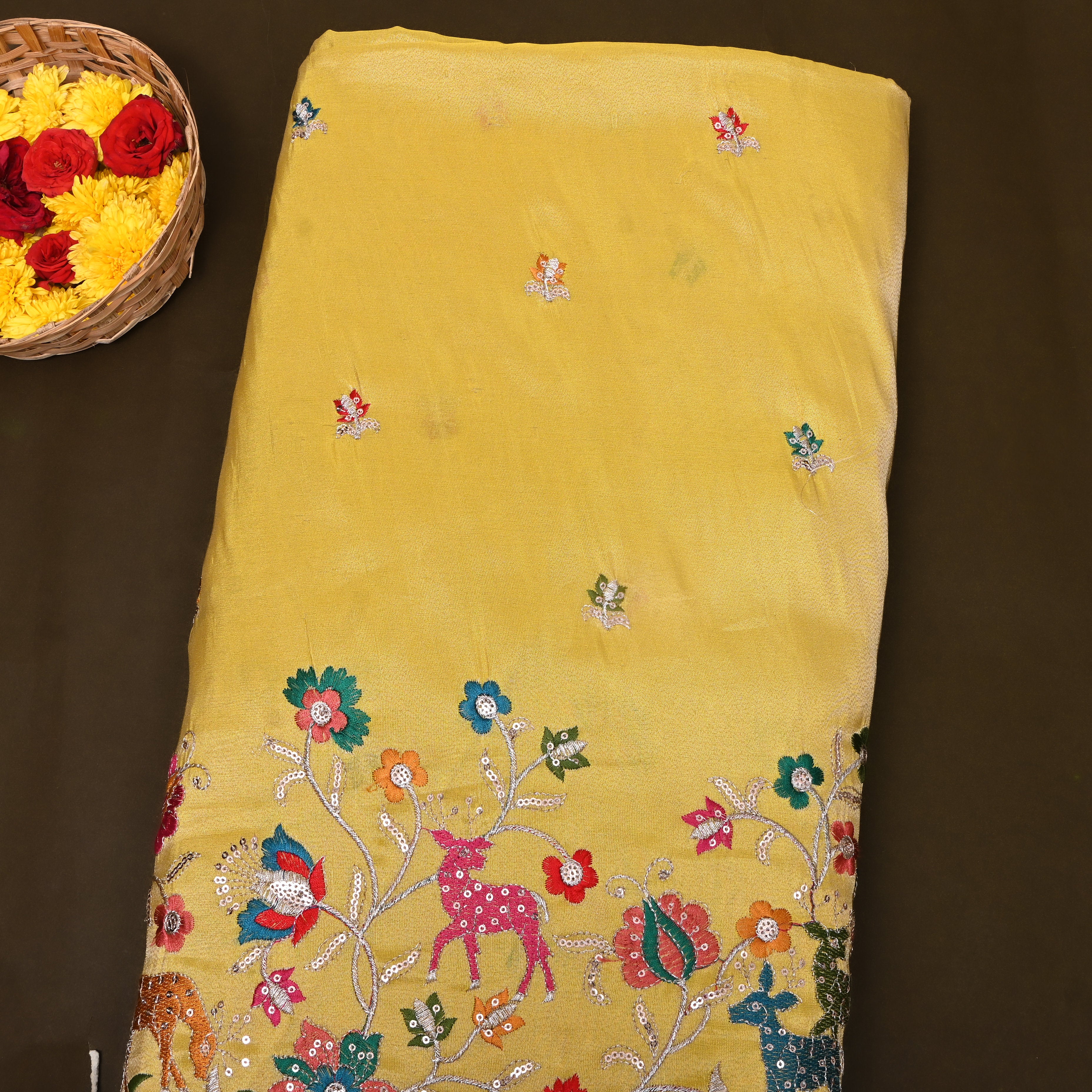 Chartreuse Deer Floral Sequin Embroidery Tissue Fabric