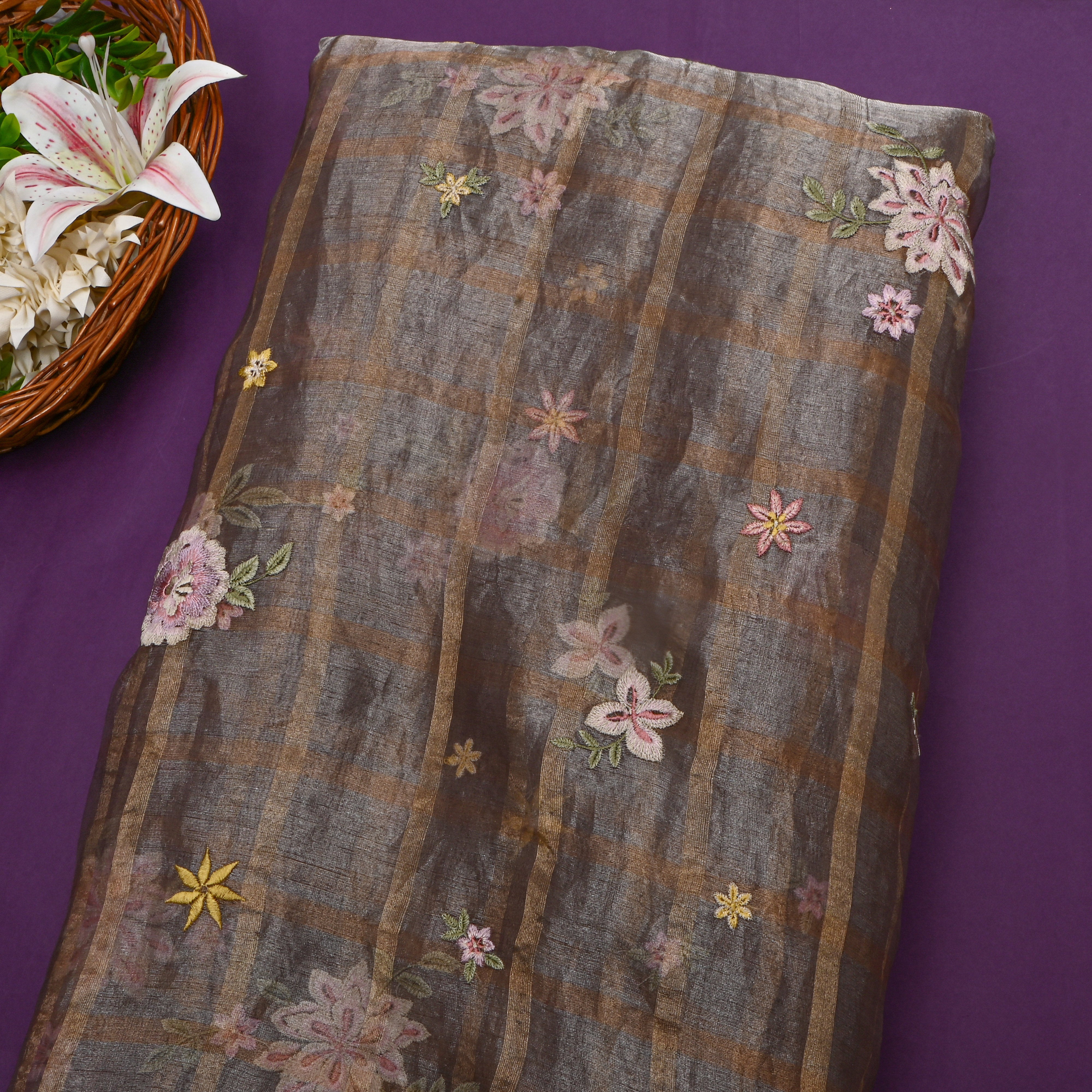 Dark Gray Tissue Fabric With Checks And Floral Embellishment