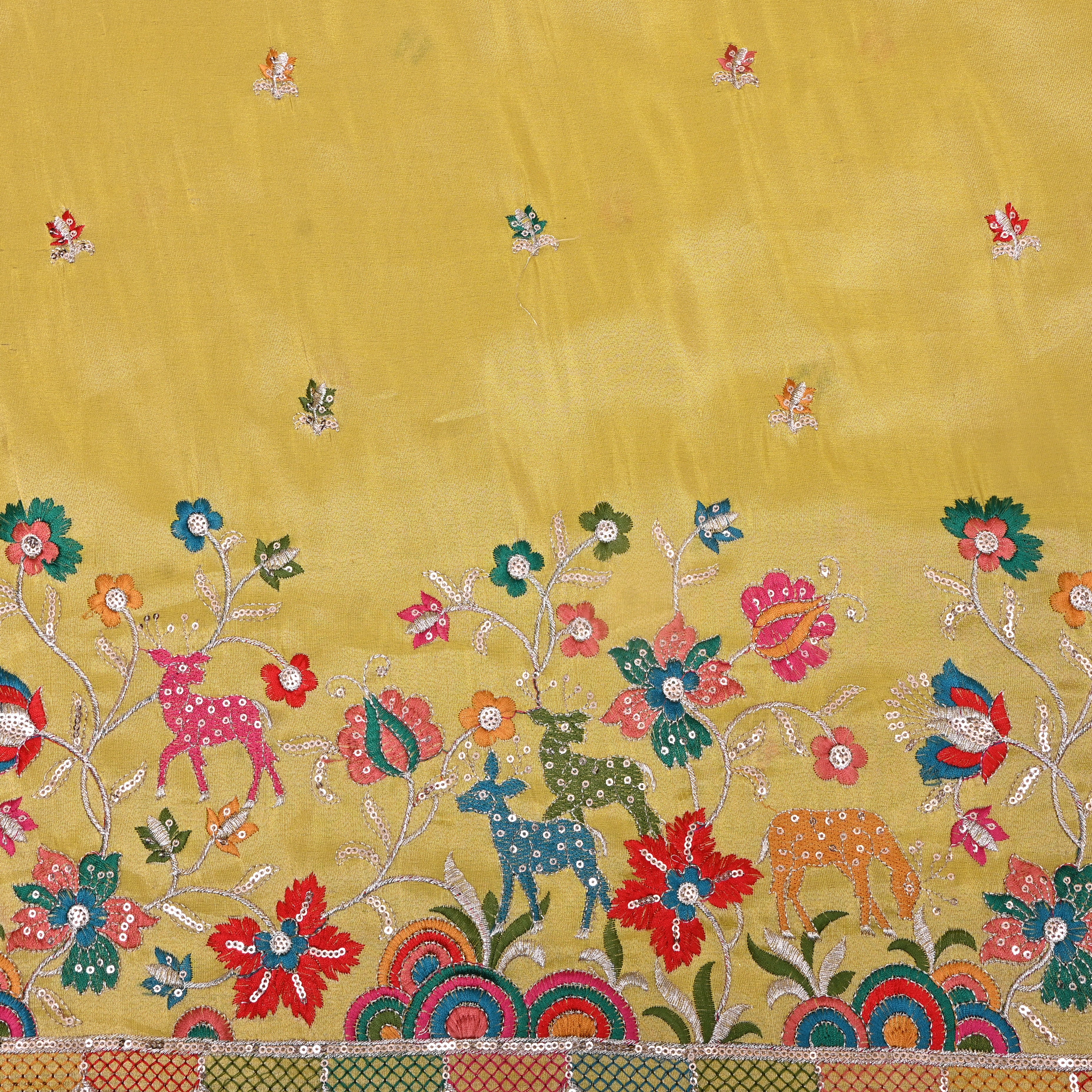 Chartreuse Deer Floral Sequin Embroidery Tissue Fabric
