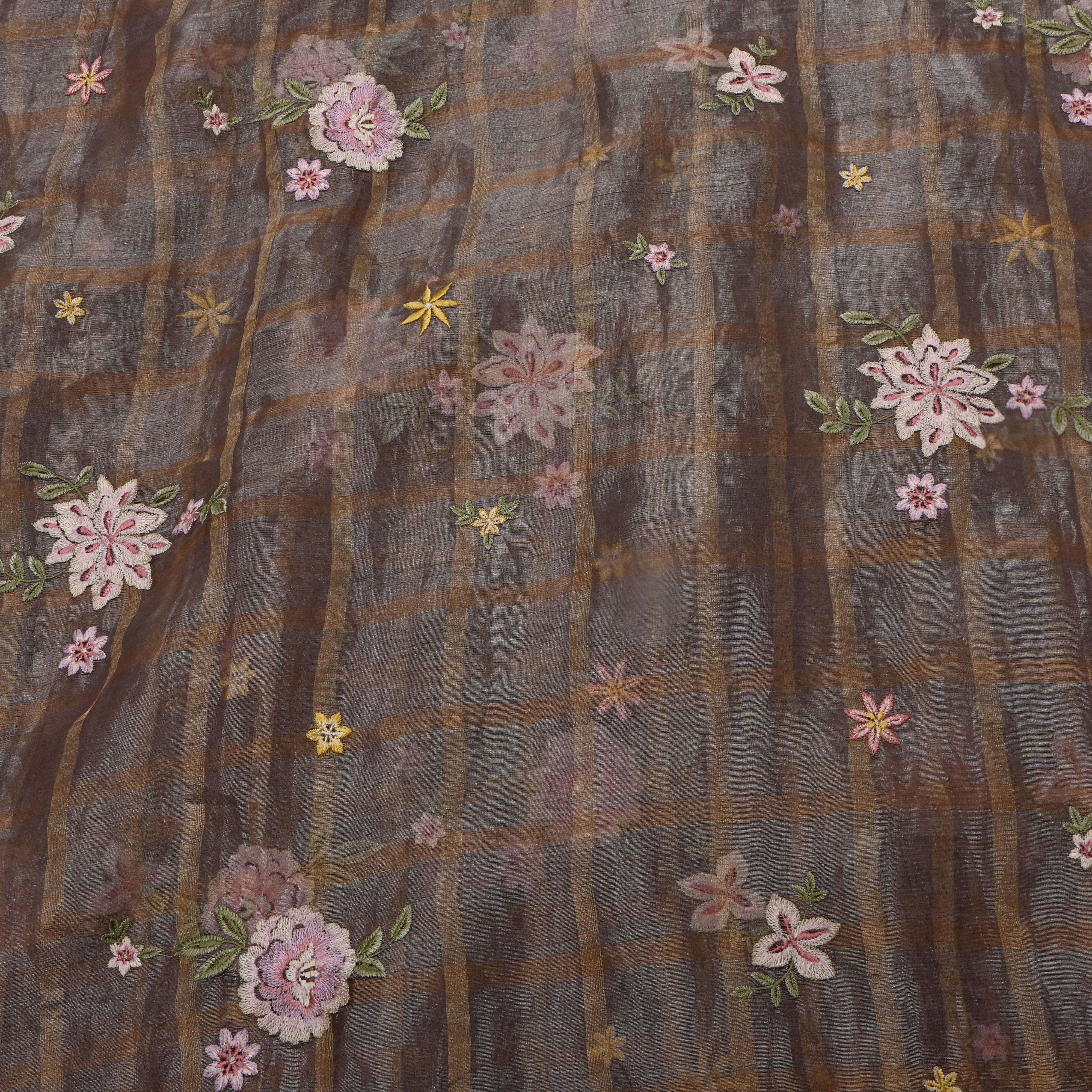 Dark Gray Tissue Fabric With Checks And Floral Embellishment