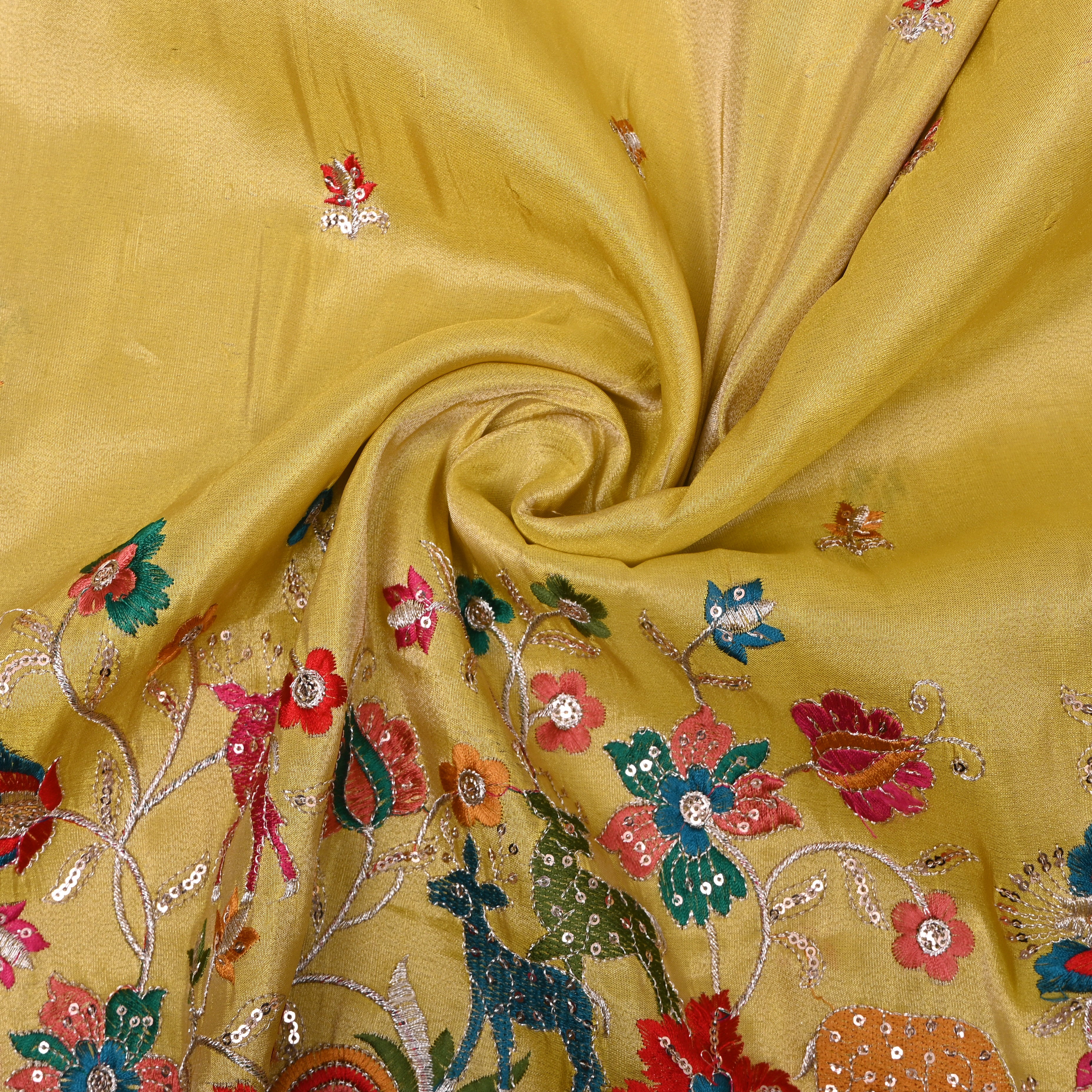 Chartreuse Deer Floral Sequin Embroidery Tissue Fabric