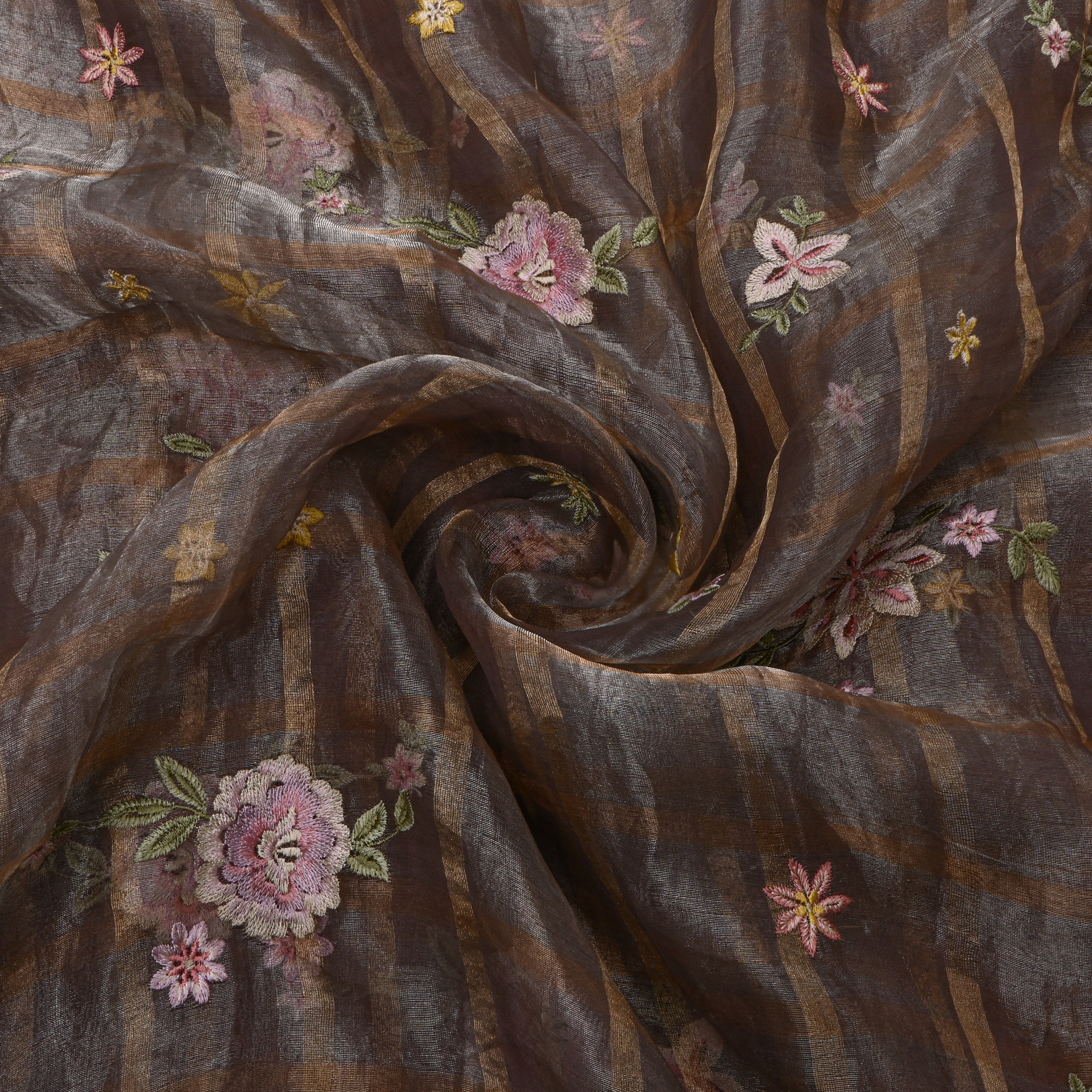 Dark Gray Tissue Fabric With Checks And Floral Embellishment