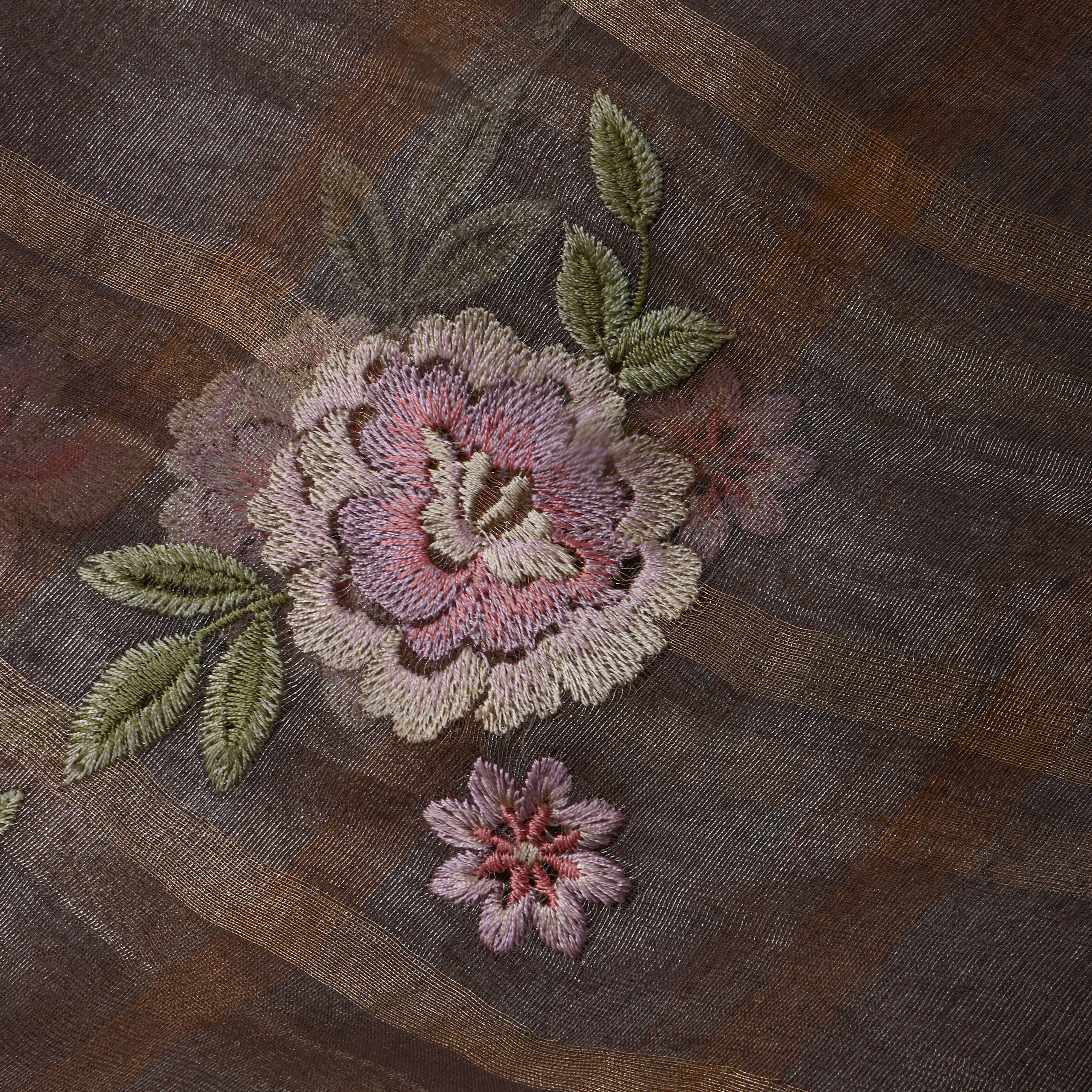 Dark Gray Tissue Fabric With Checks And Floral Embellishment