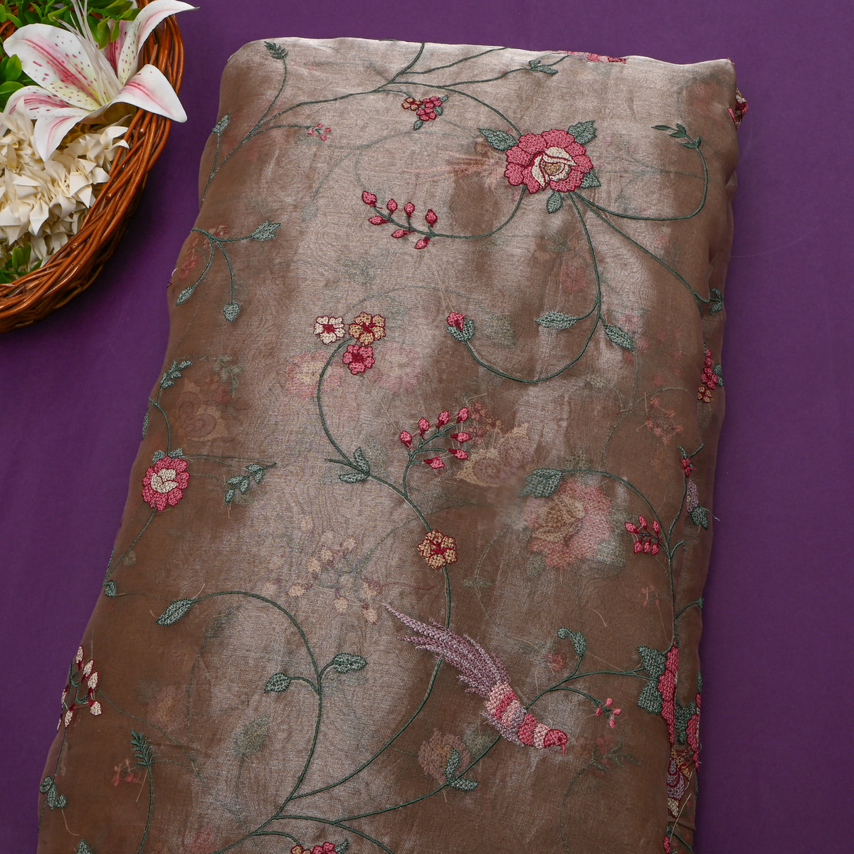 Brown Floral Jaal Thread Work Tissue Fabric