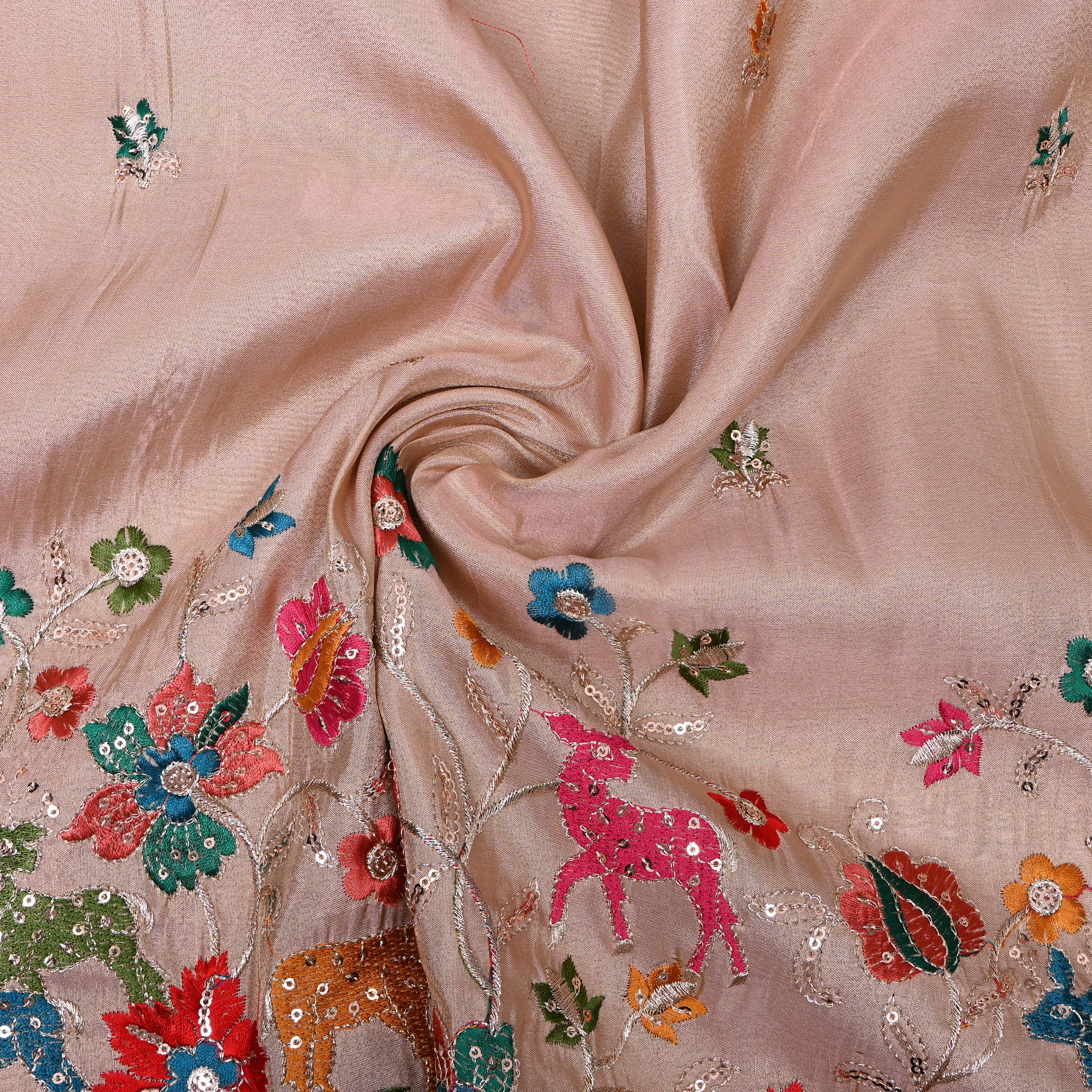 Pastel Peach Sequin Floral Deer Embroidery Tissue Fabric