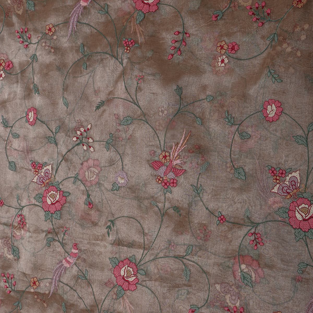 Brown Floral Jaal Thread Work Tissue Fabric