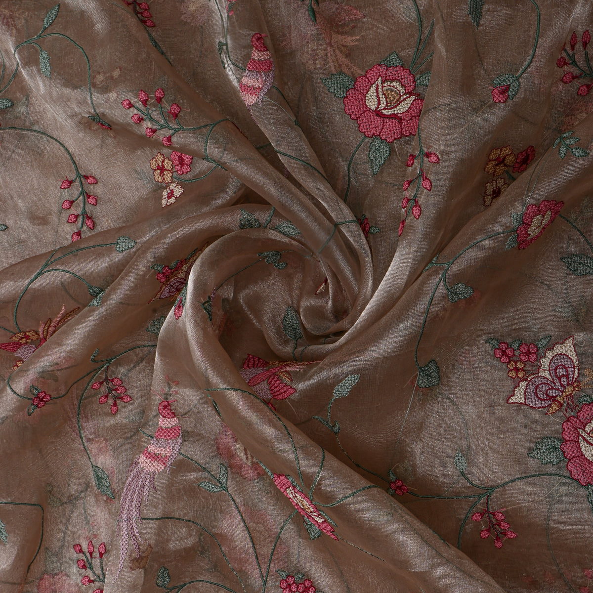 Brown Floral Jaal Thread Work Tissue Fabric