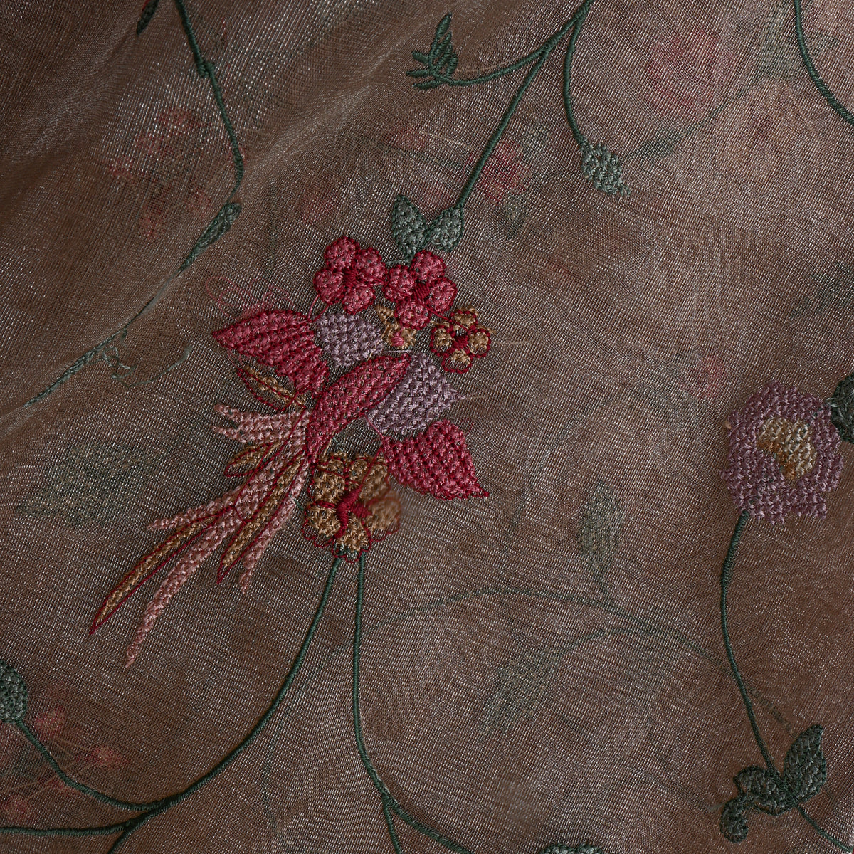 Brown Floral Jaal Thread Work Tissue Fabric