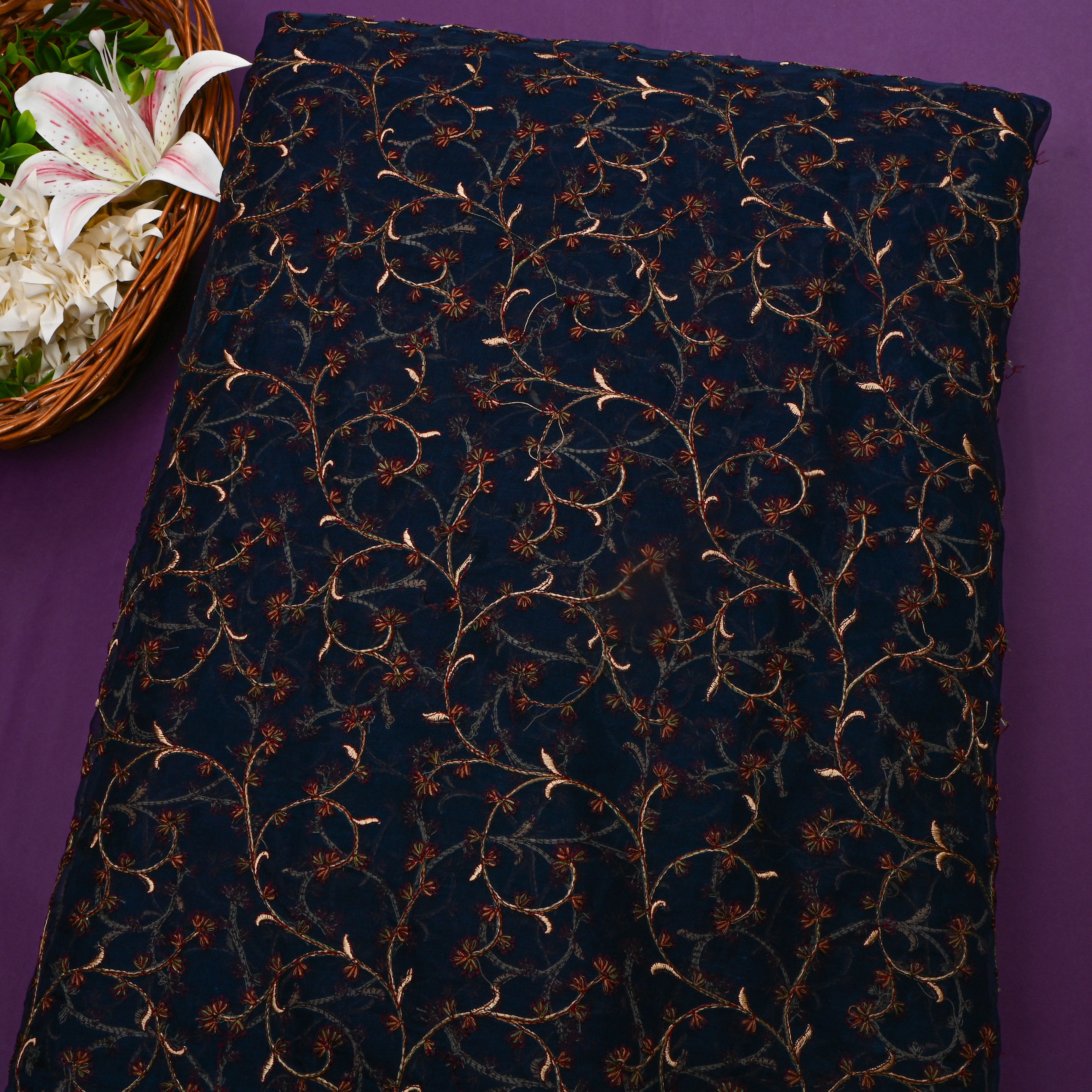 Blue Organza With Copper Jaal Thread Work