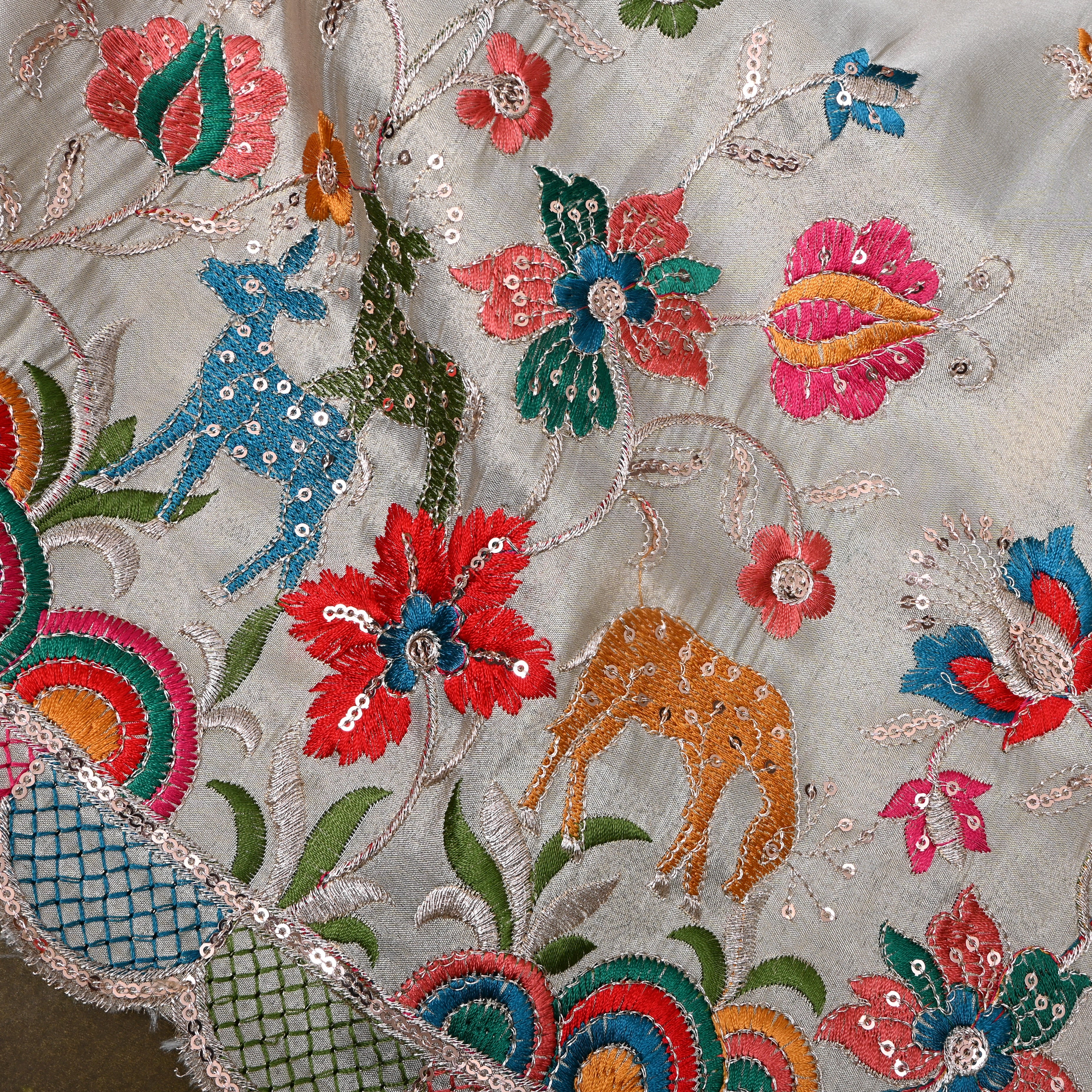 Silver Grey Sequin Floral Embroidery Tissue Fabric