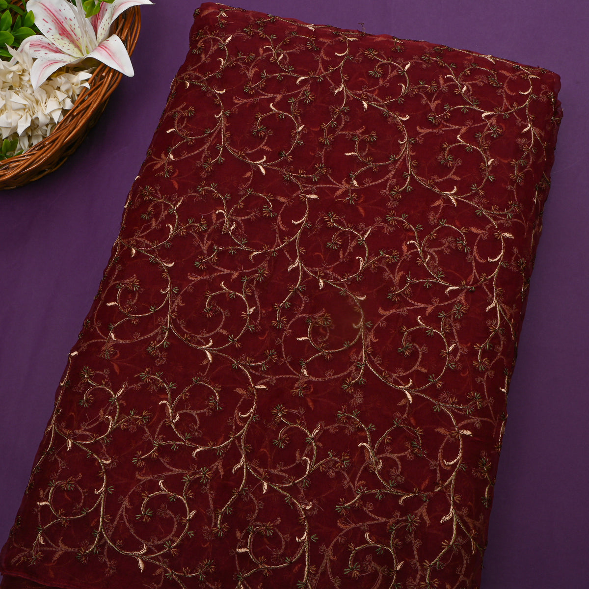 Red Organza With Copper Jaal Thread Work