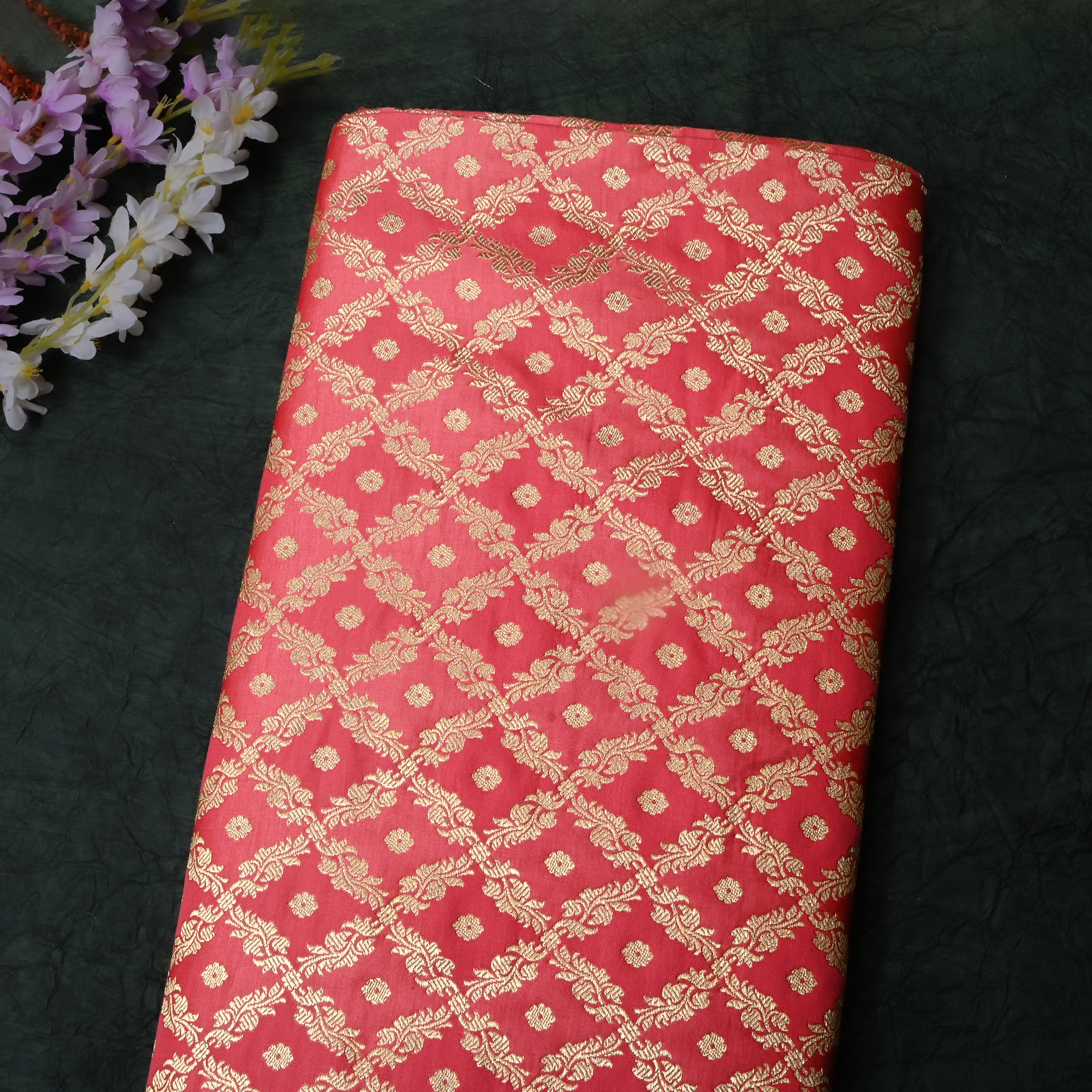 Bright Pink Floral Jamawar Satin Fabric