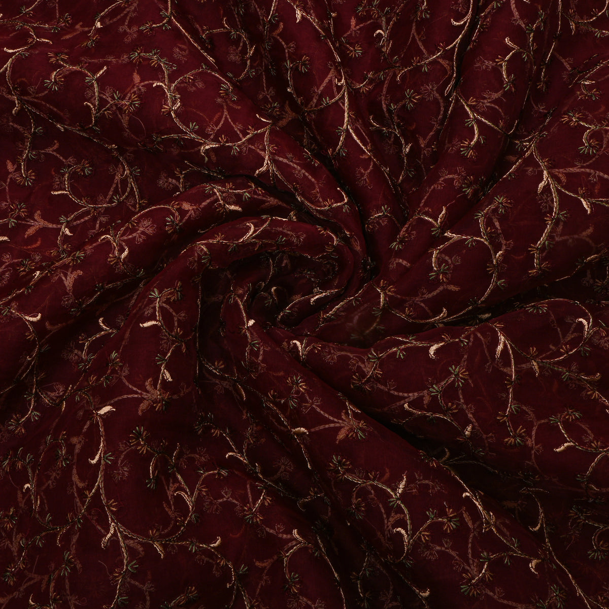Red Organza With Copper Jaal Thread Work