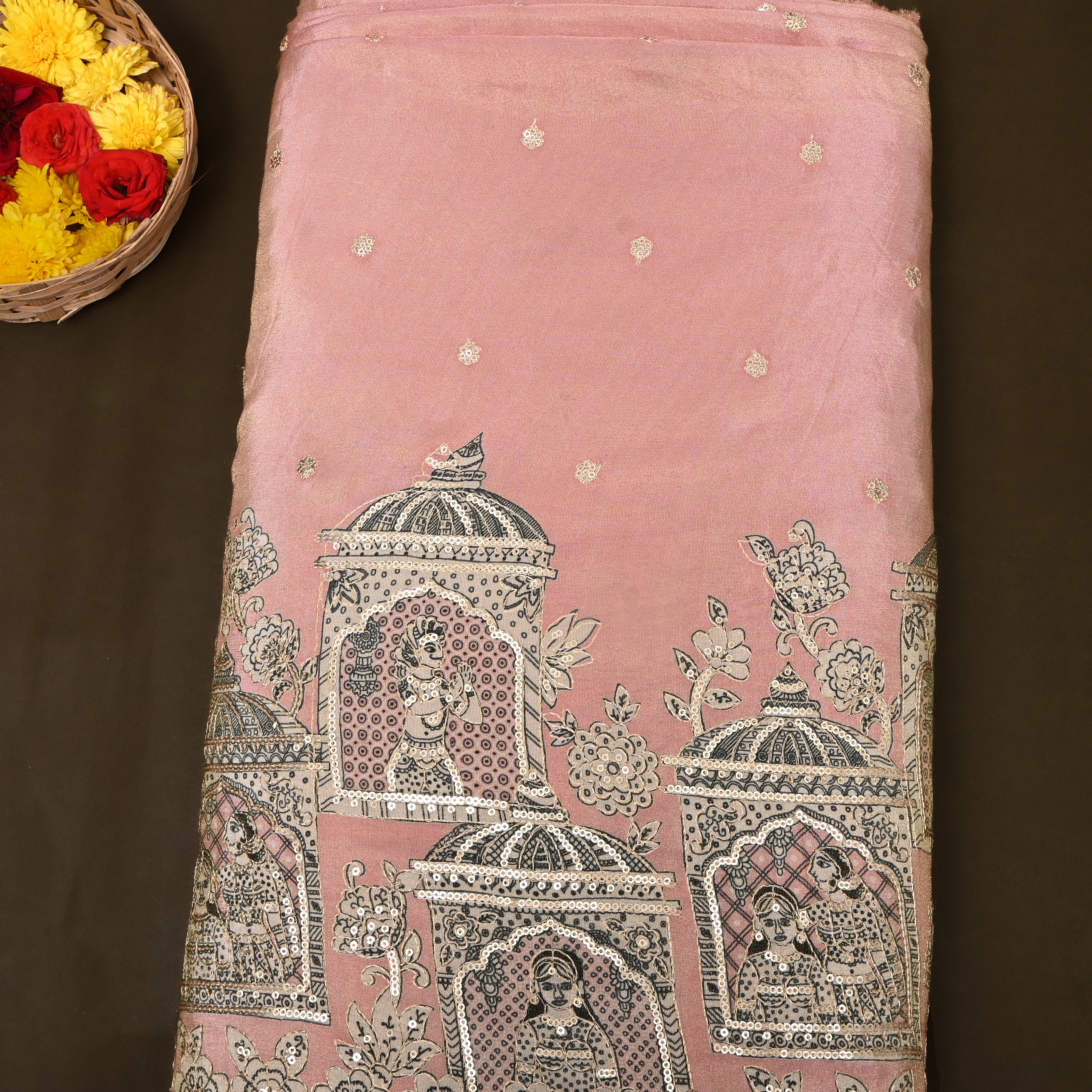 Dusty Rose Pichwai Tissue Embroidery Fabric