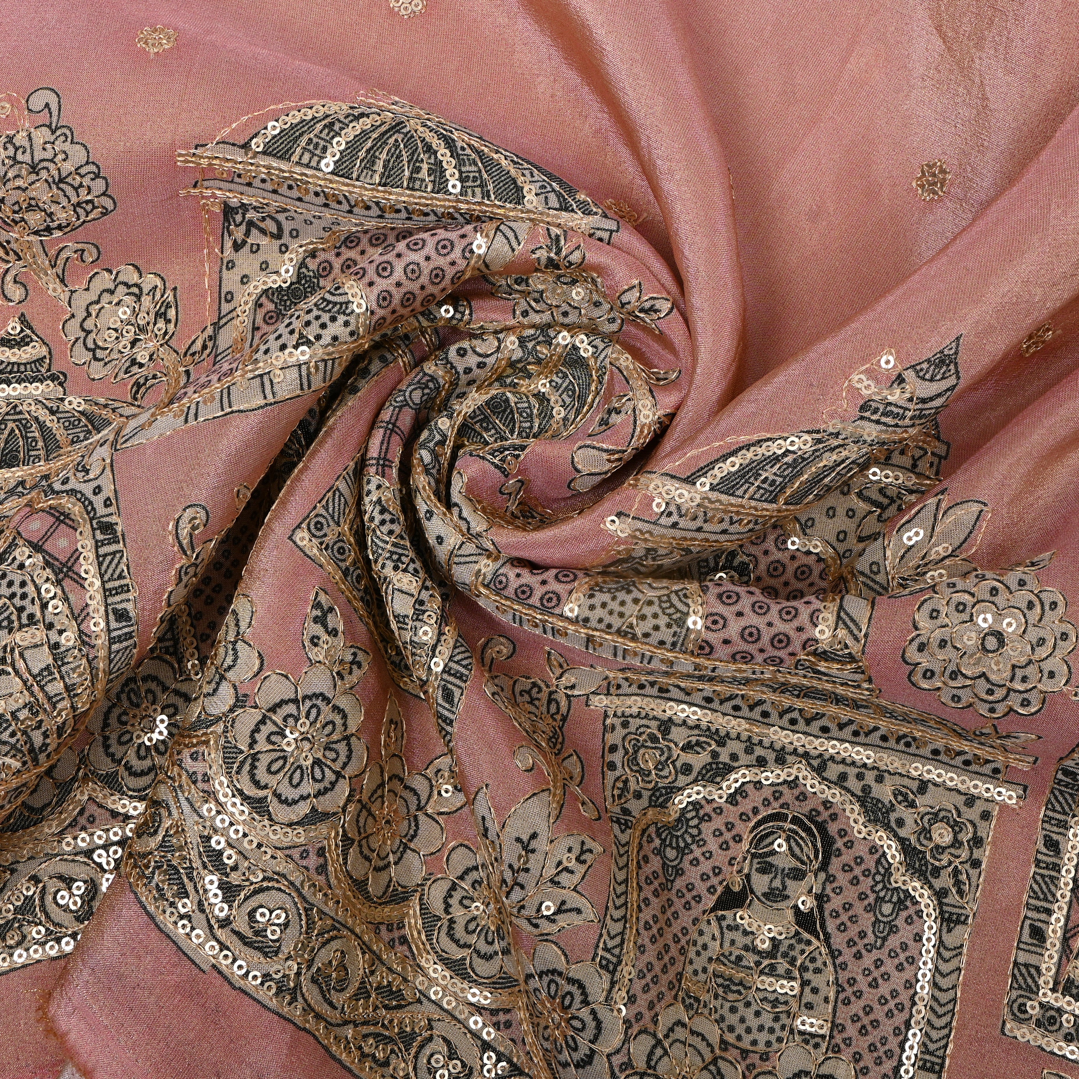 Dusty Rose Pichwai Tissue Embroidery Fabric