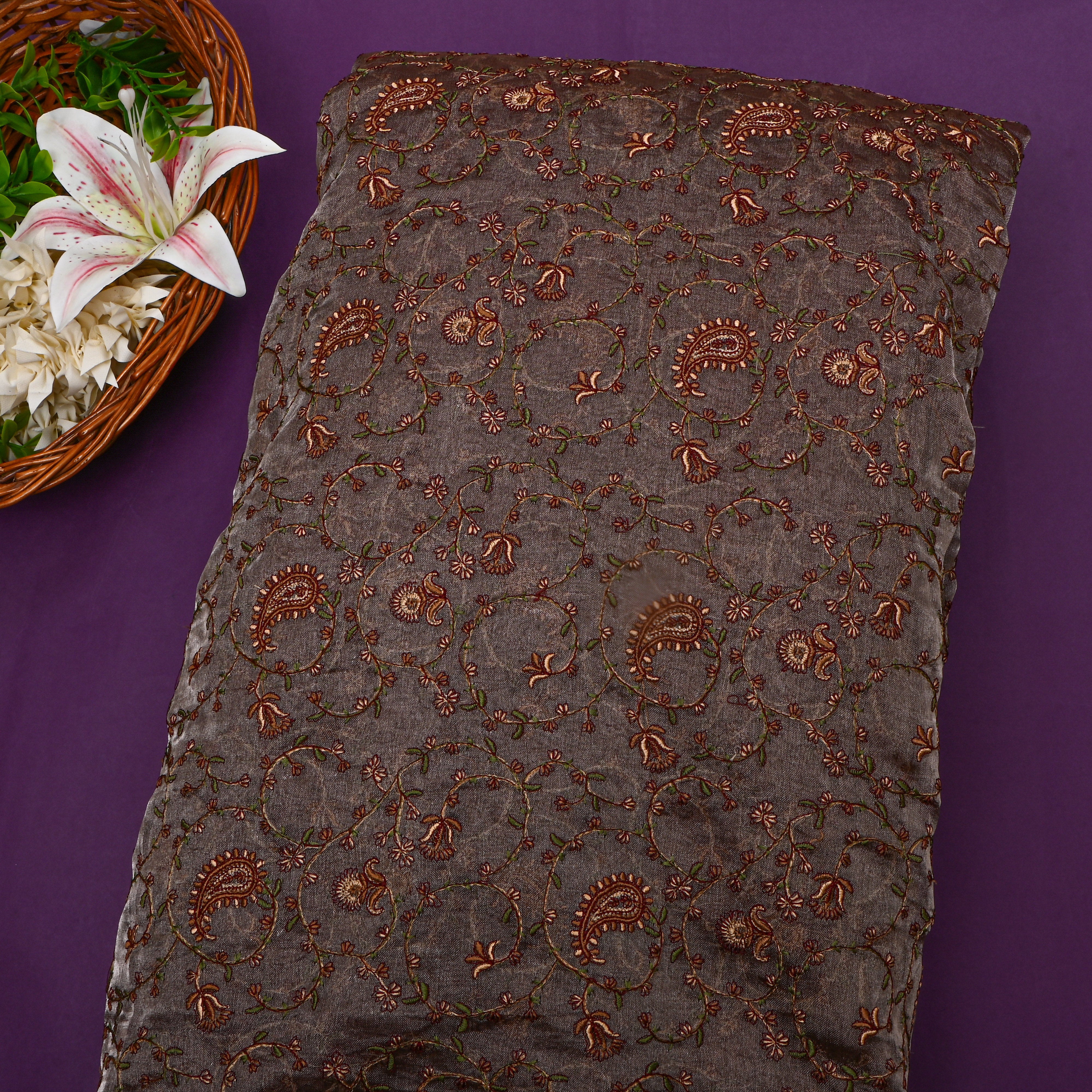 Dark Brown Floral Thread Work Embroidery Tissue Fabric