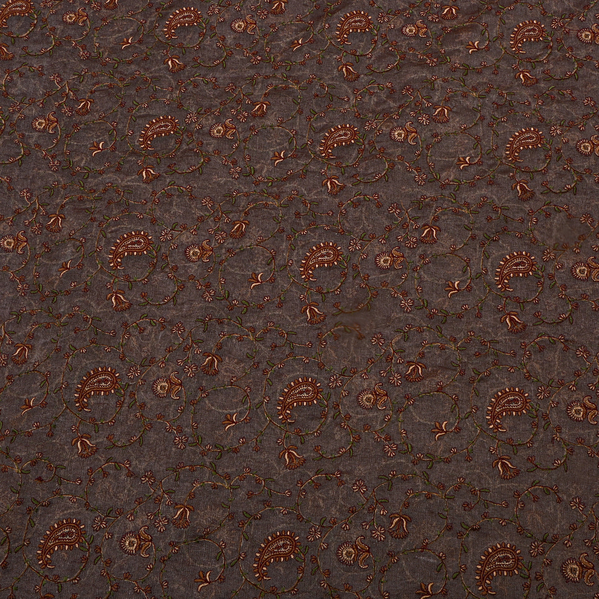 Dark Brown Floral Thread Work Embroidery Tissue Fabric