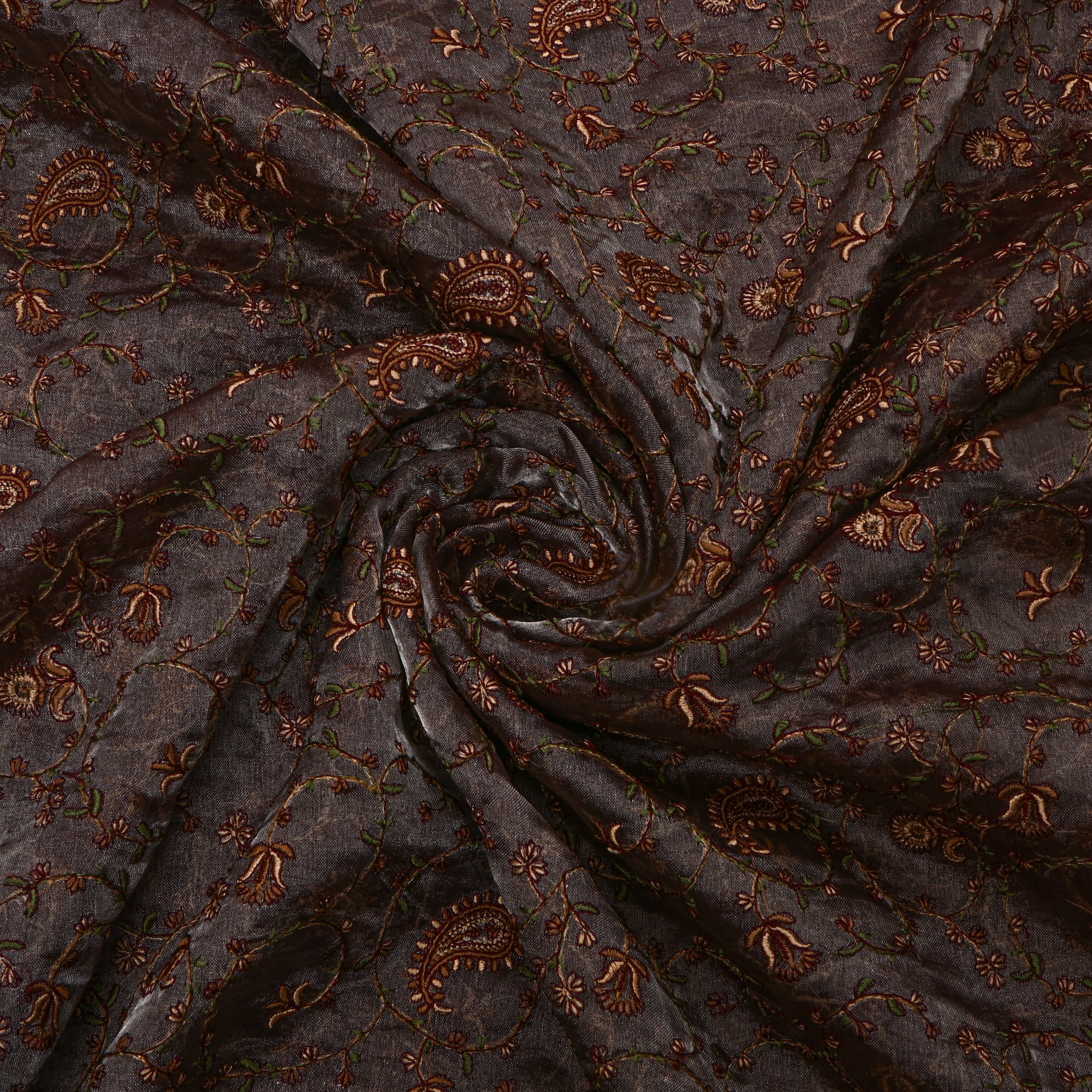Dark Brown Floral Thread Work Embroidery Tissue Fabric