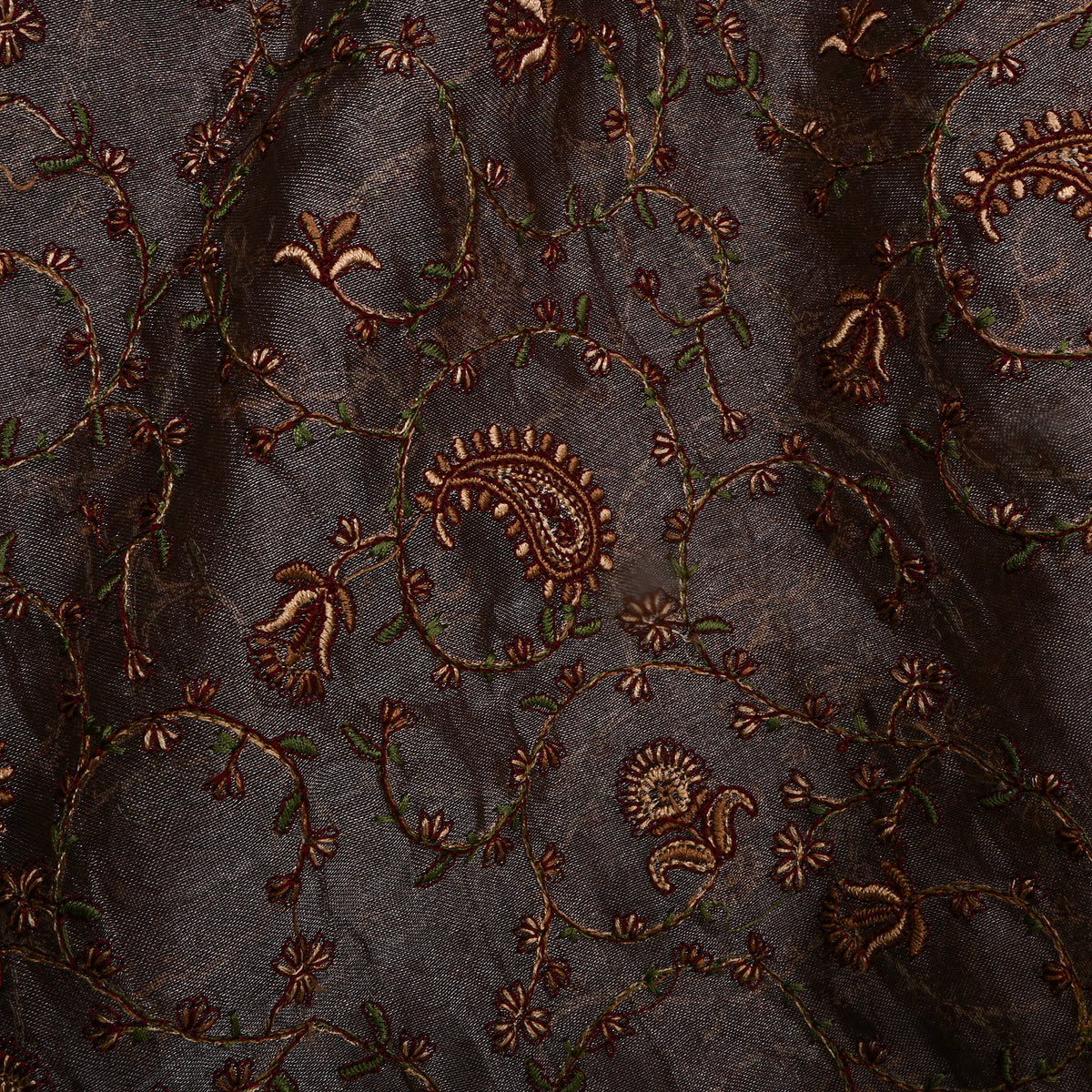 Dark Brown Floral Thread Work Embroidery Tissue Fabric