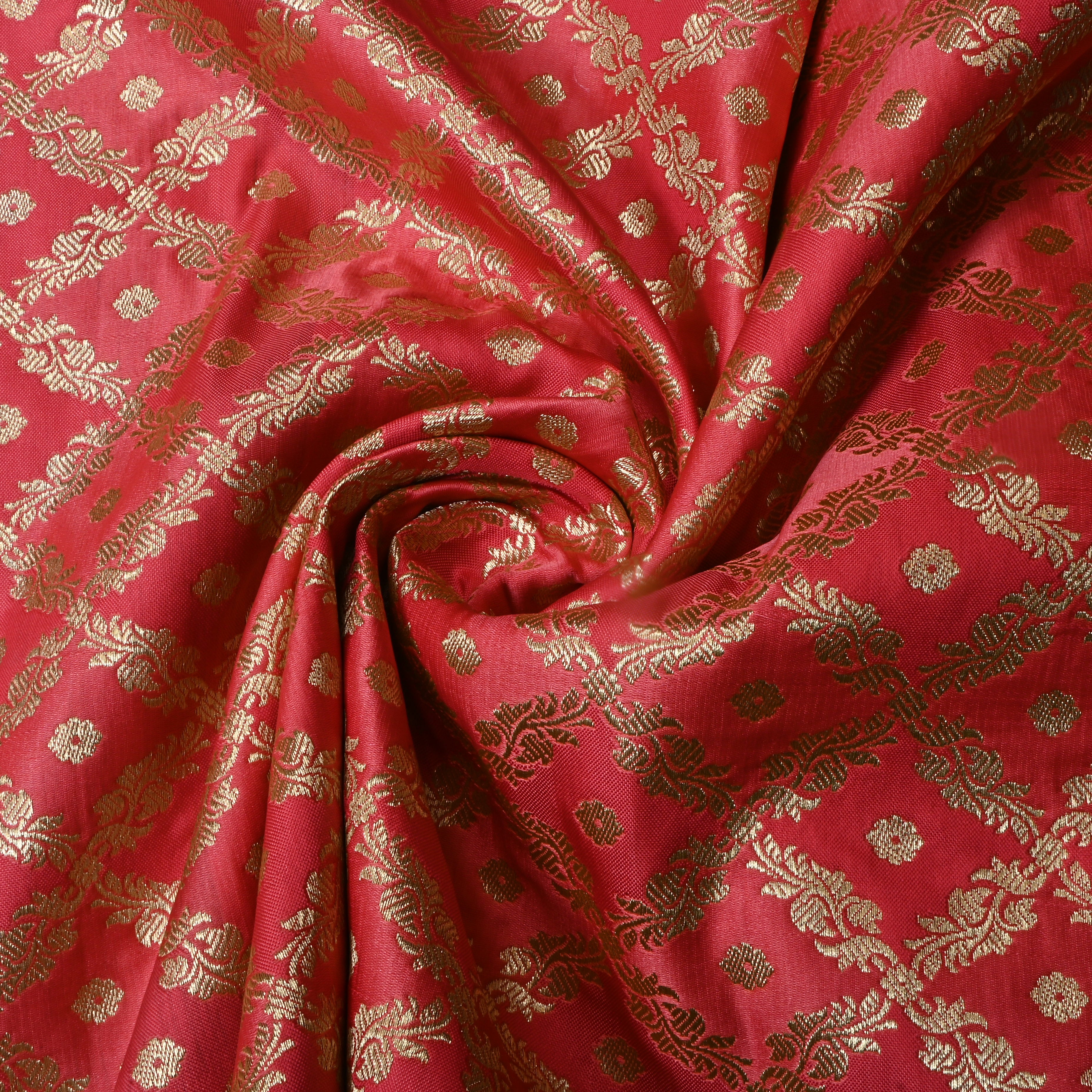 Bright Pink Floral Jamawar Satin Fabric