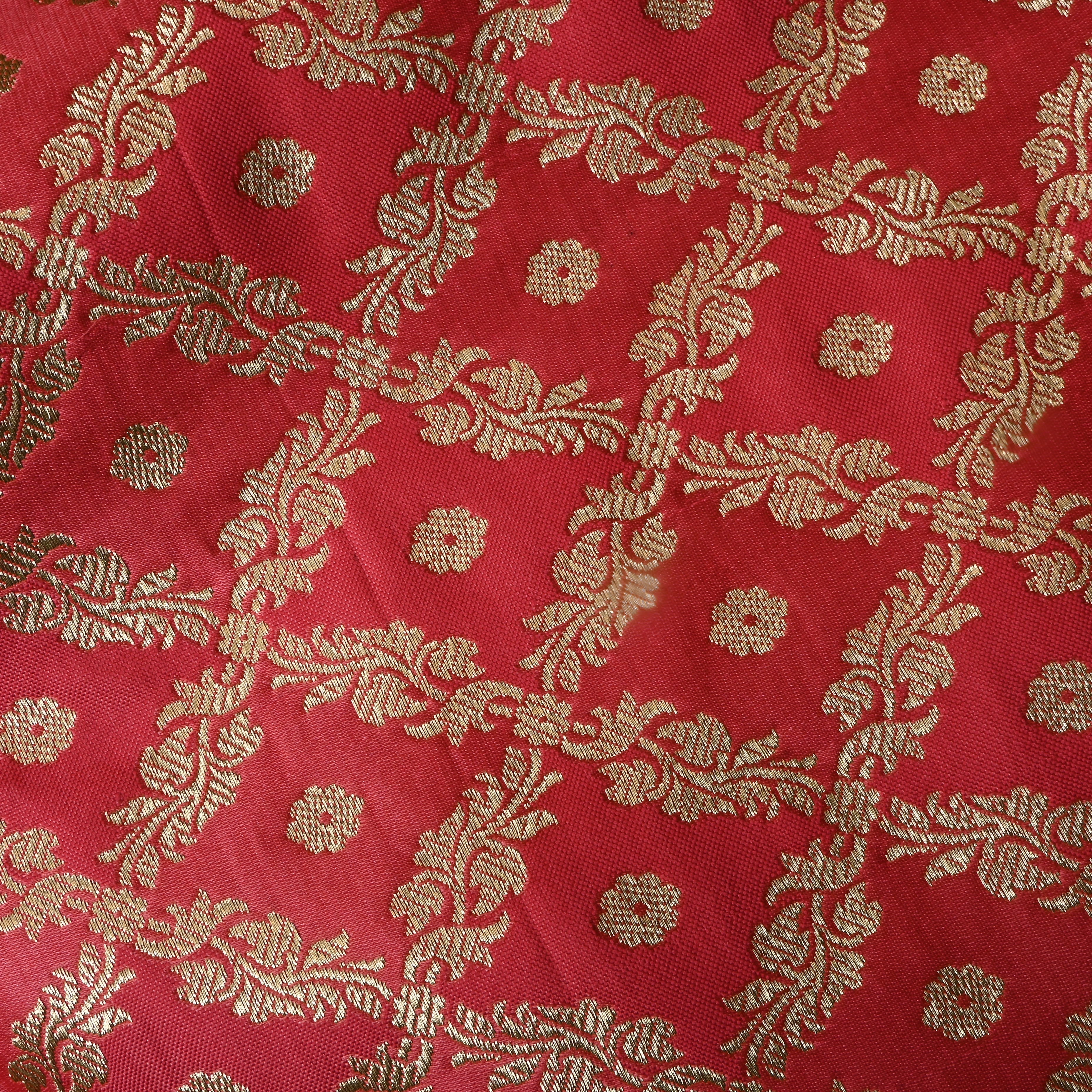Bright Pink Floral Jamawar Satin Fabric