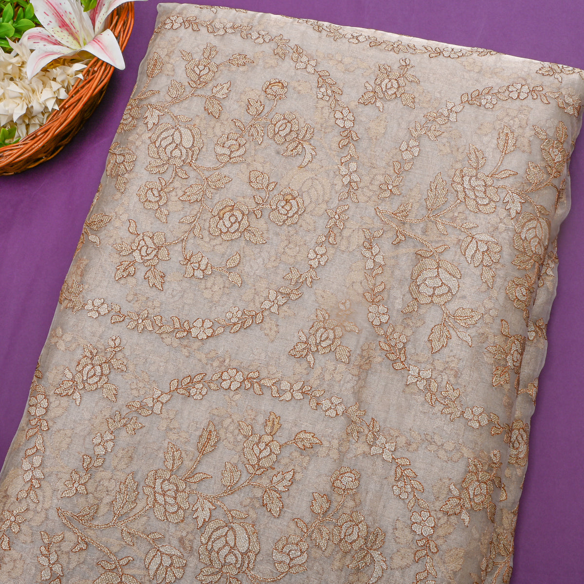 Custard Cream Gold Zari Jaal Tissue Fabric
