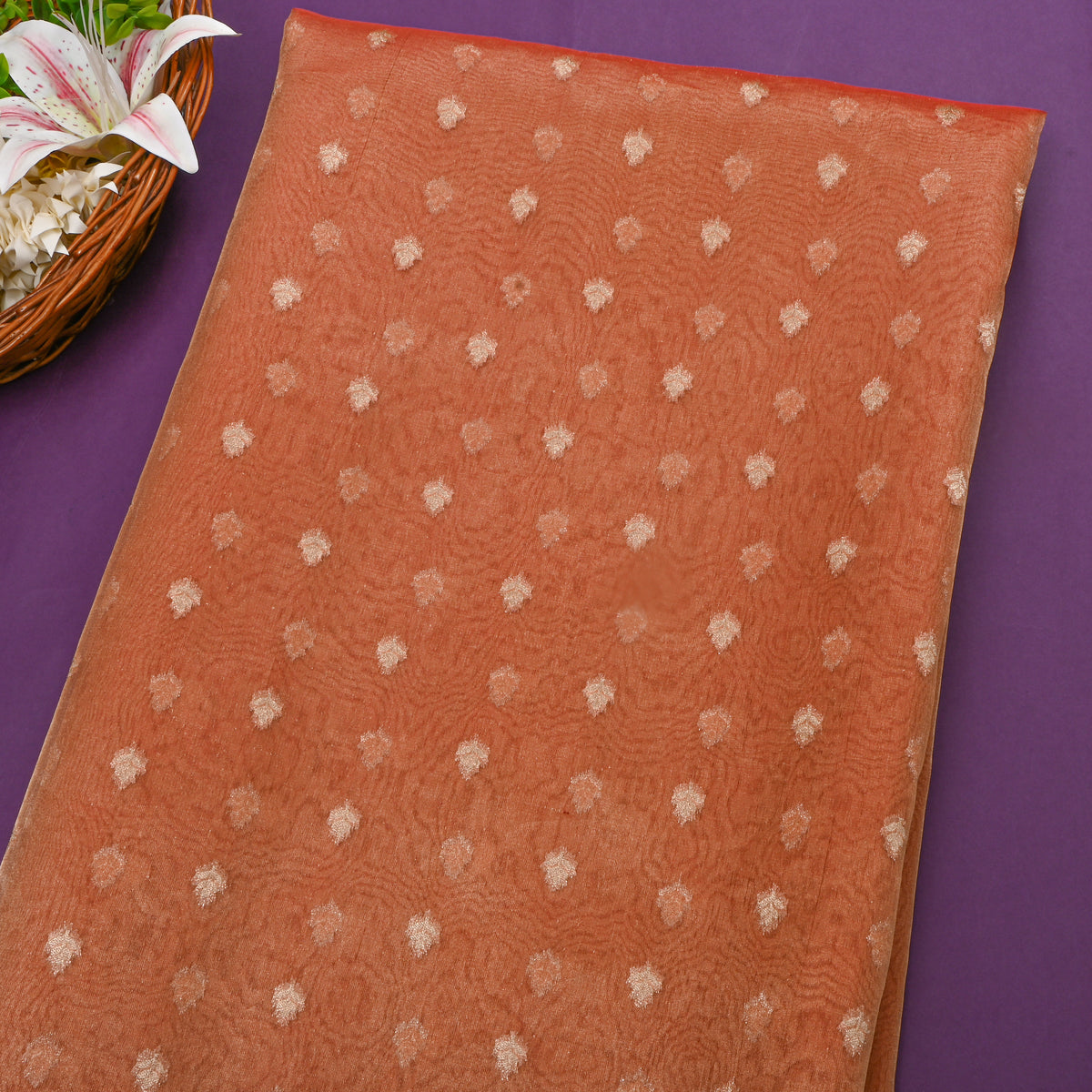 Orange Gold Butti Self Weave Jamawar Tissue Fabric
