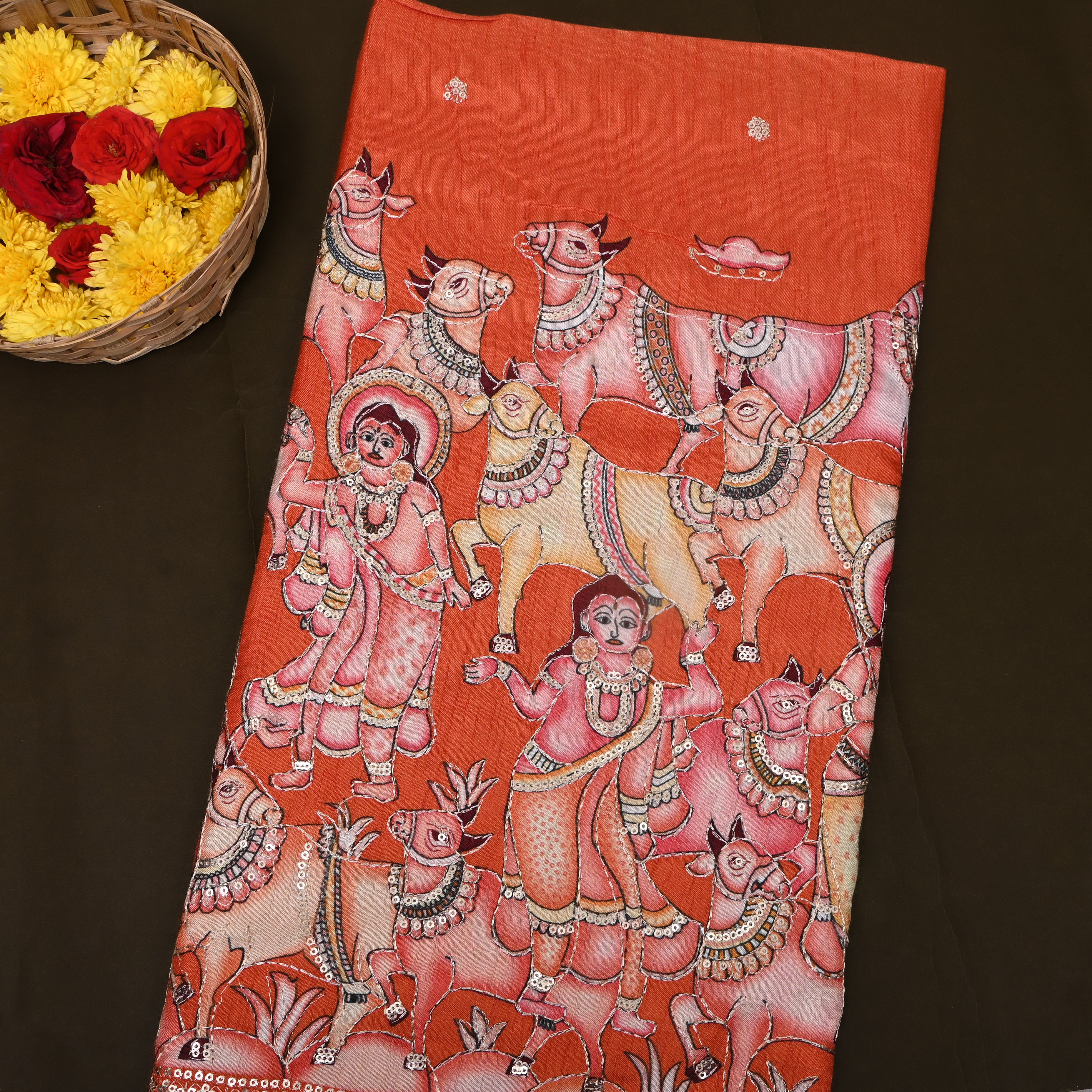 Rust Orange Pastoral Pichwai Sequin Embroidery Silk Fabric