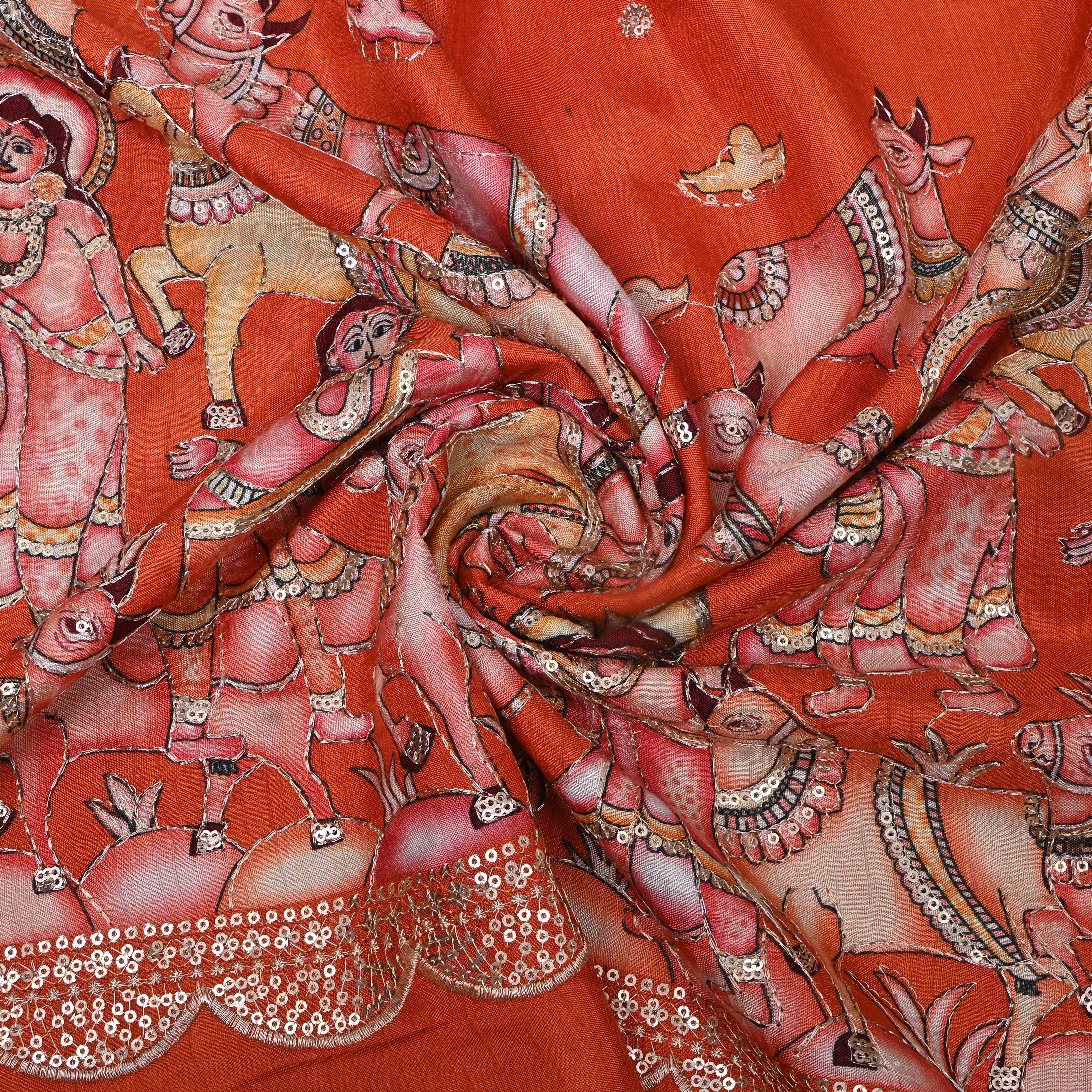 Rust Orange Pastoral Pichwai Sequin Embroidery Silk Fabric