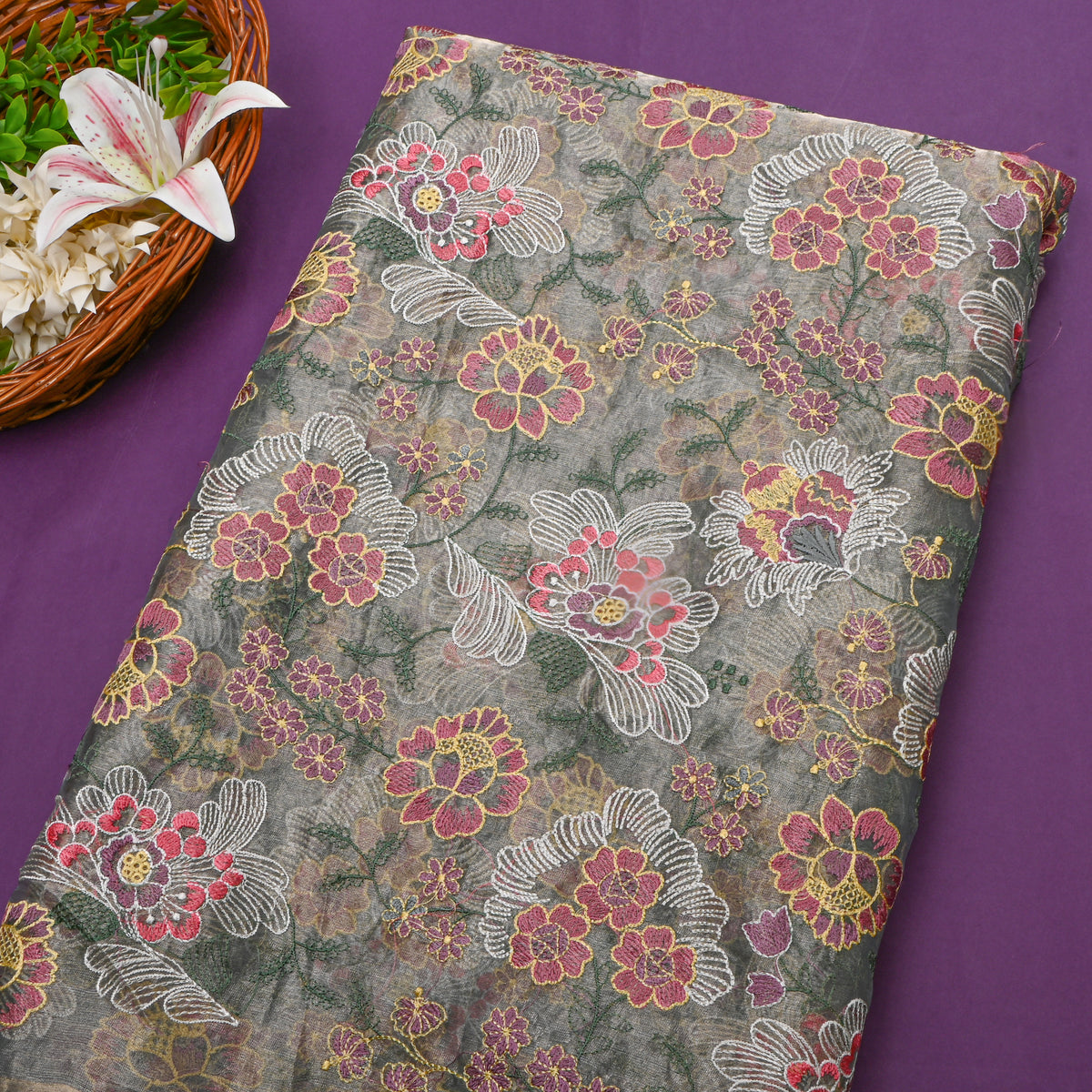 Gray Thread Work Embroidery Tiisue Fabric
