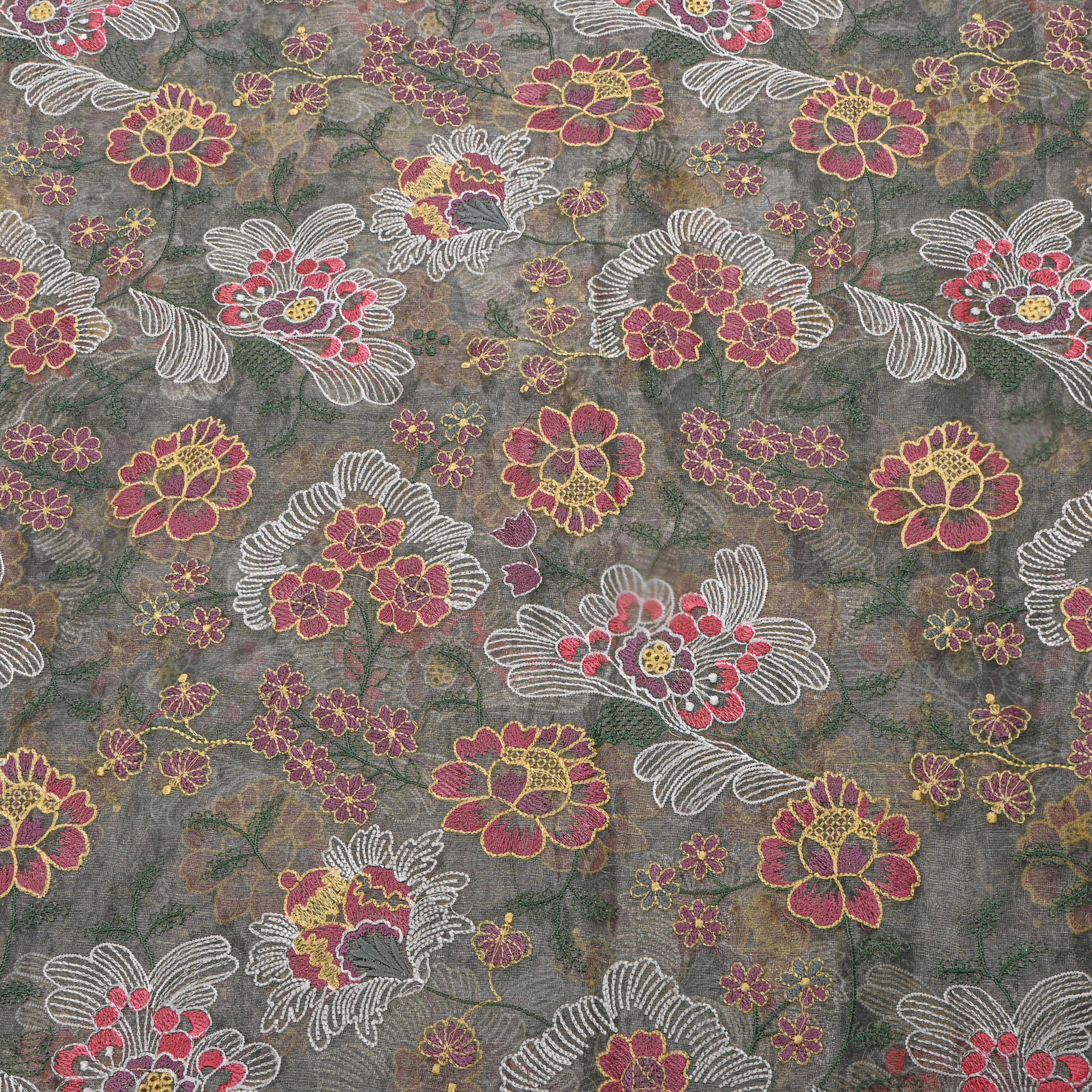 Gray Thread Work Embroidery Tiisue Fabric