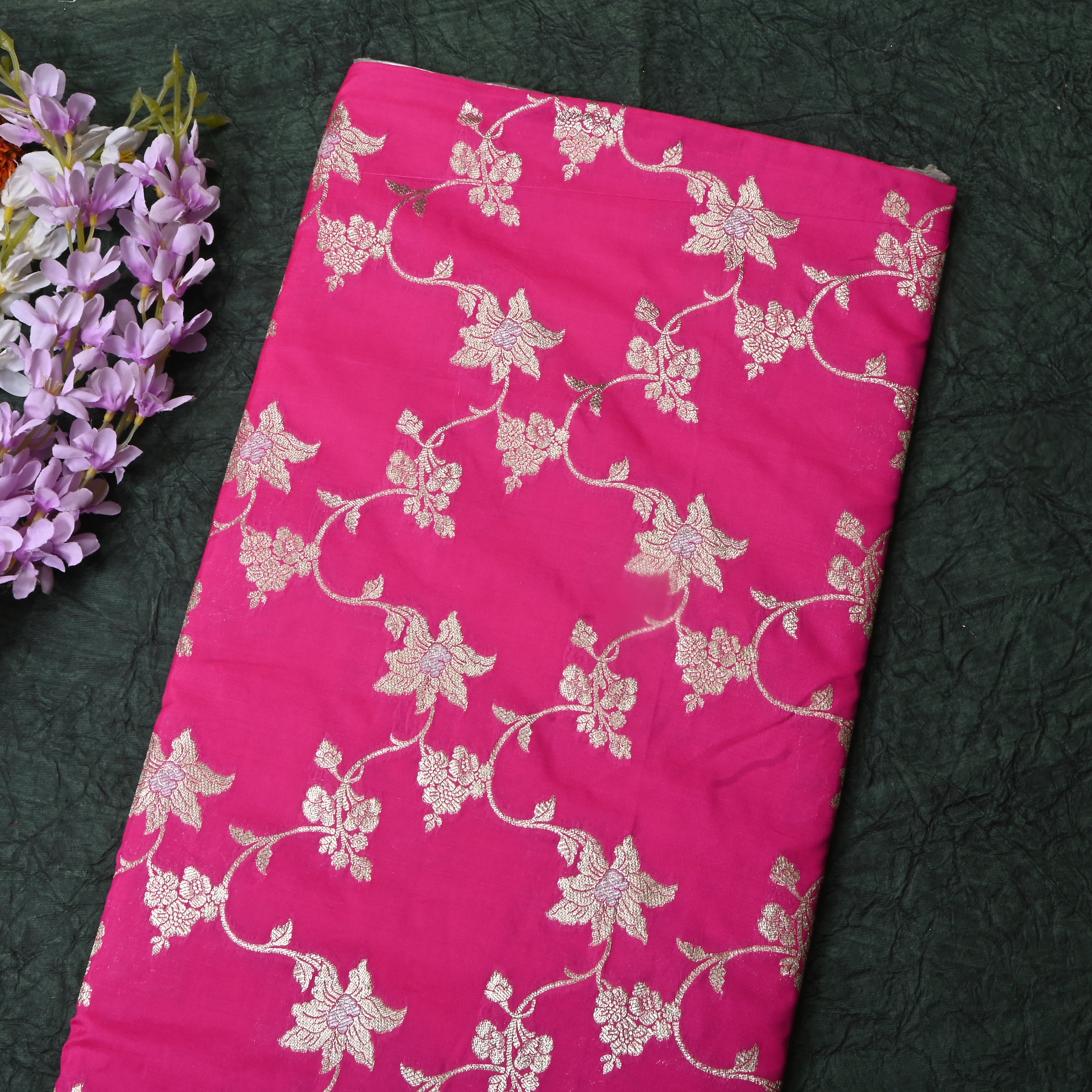 Bright Pink Floral Jamawar Silk Fabric
