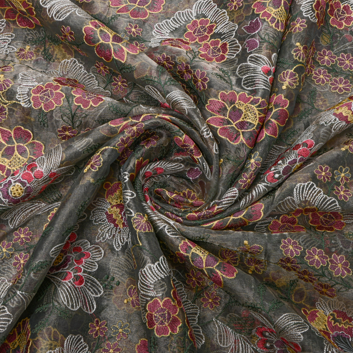 Gray Thread Work Embroidery Tiisue Fabric