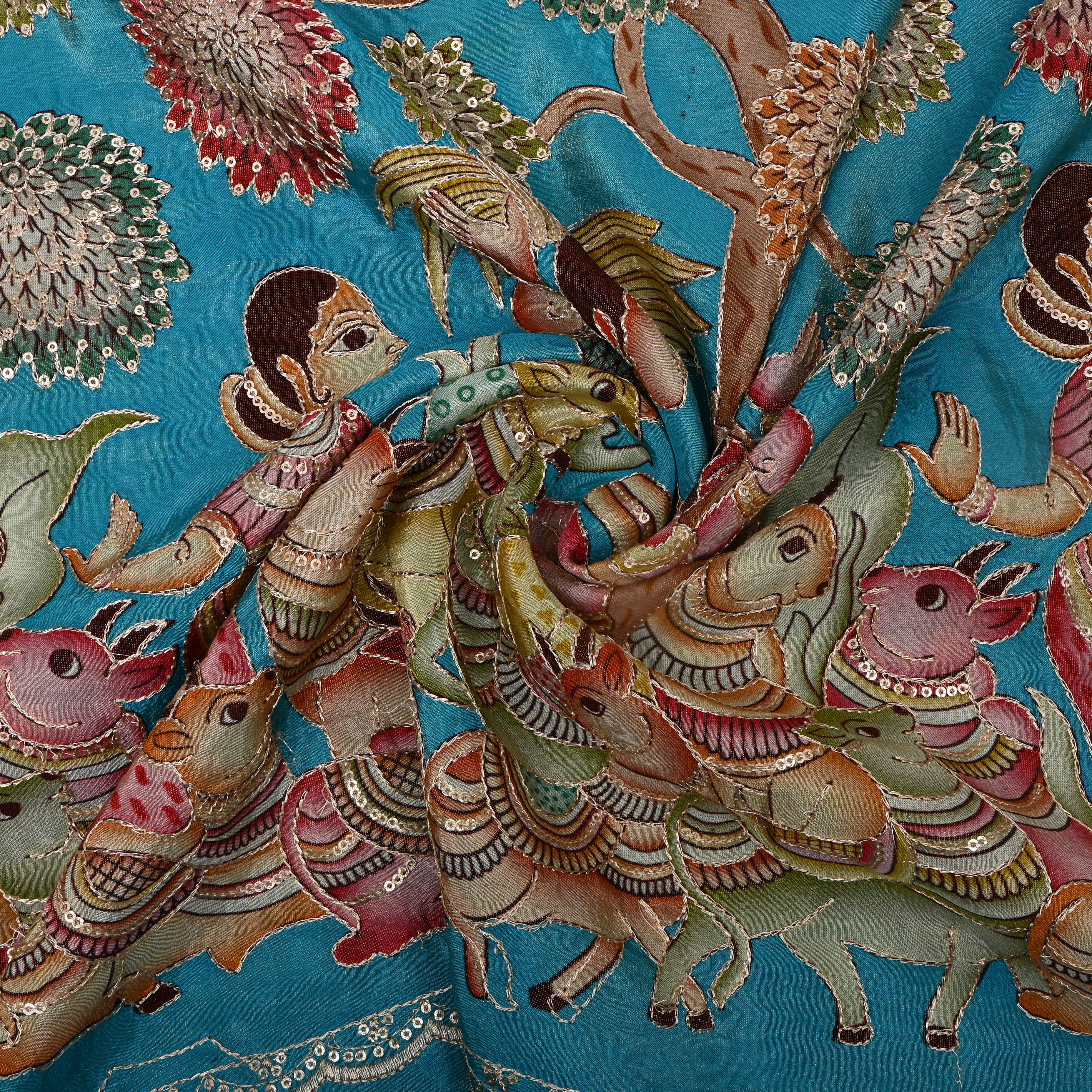 Turquoise Pastoral Pichwai Sequin Embroidery Fabric