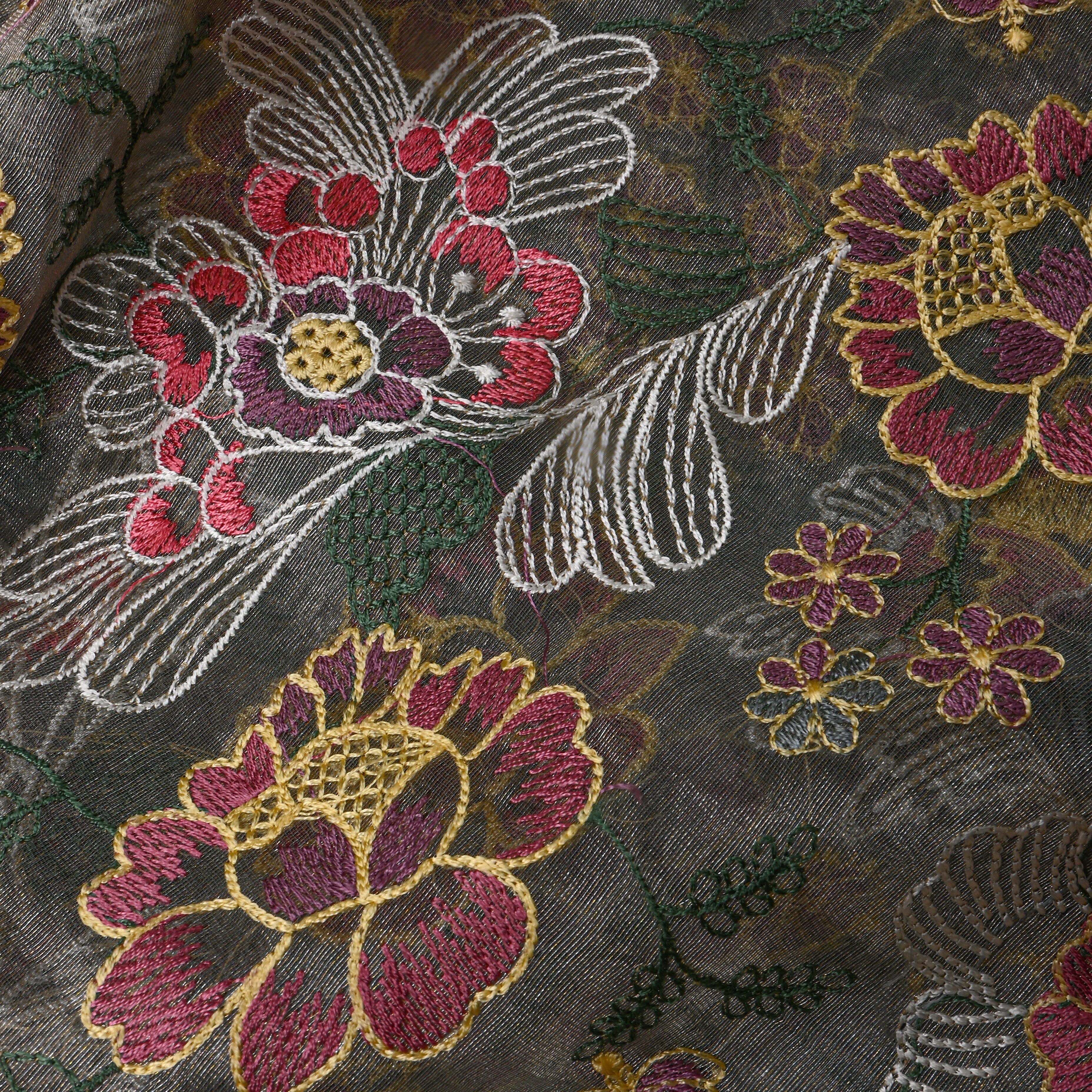 Gray Thread Work Embroidery Tiisue Fabric