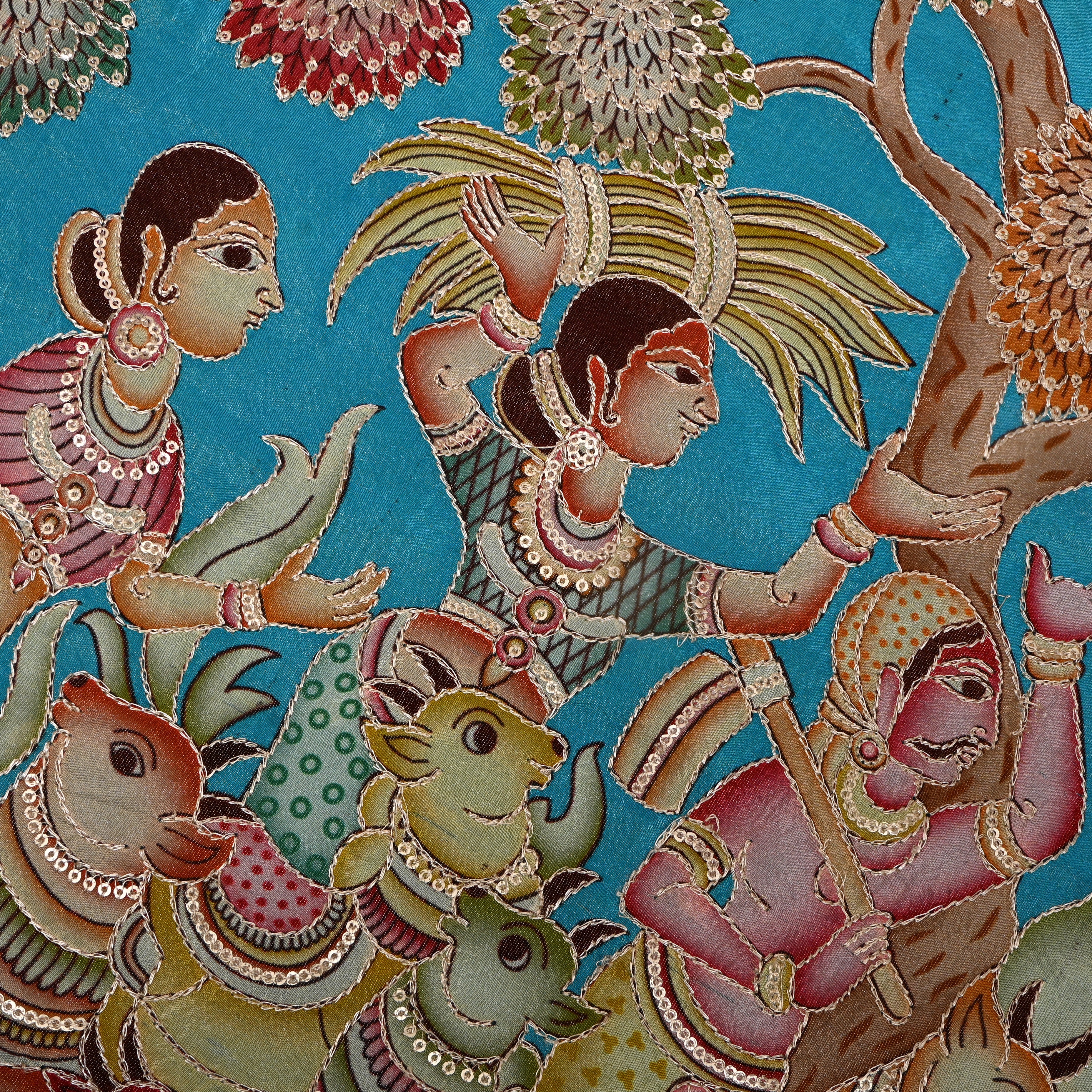 Turquoise Pastoral Pichwai Sequin Embroidery Fabric