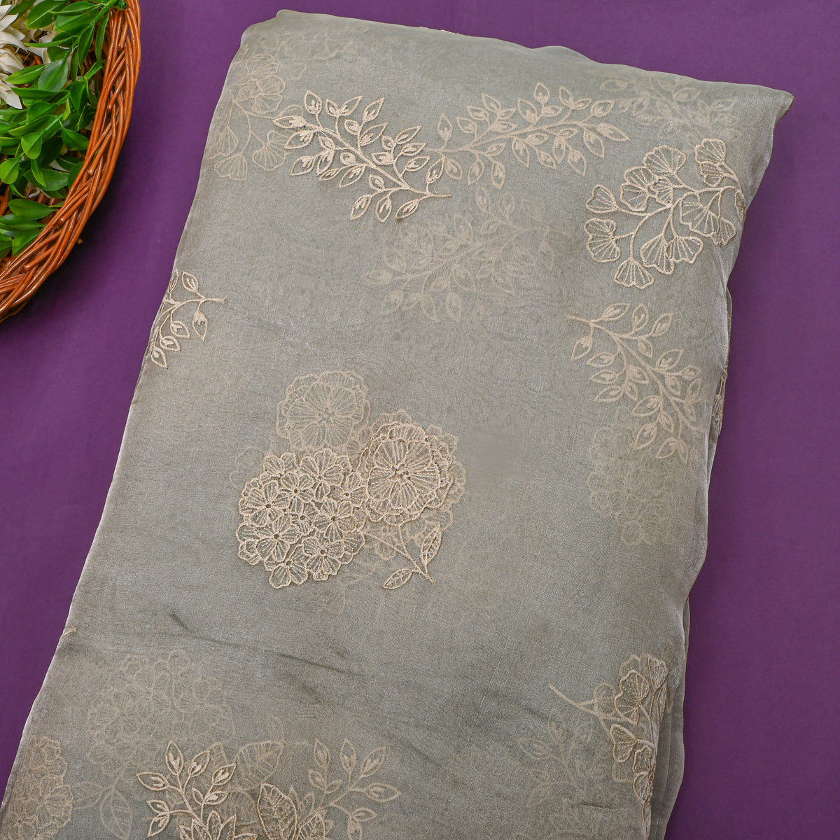 Light Gray Floral Thread Work Embroidery Tissue Fabric