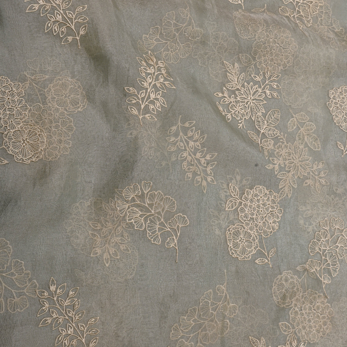 Light Gray Floral Thread Work Embroidery Tissue Fabric