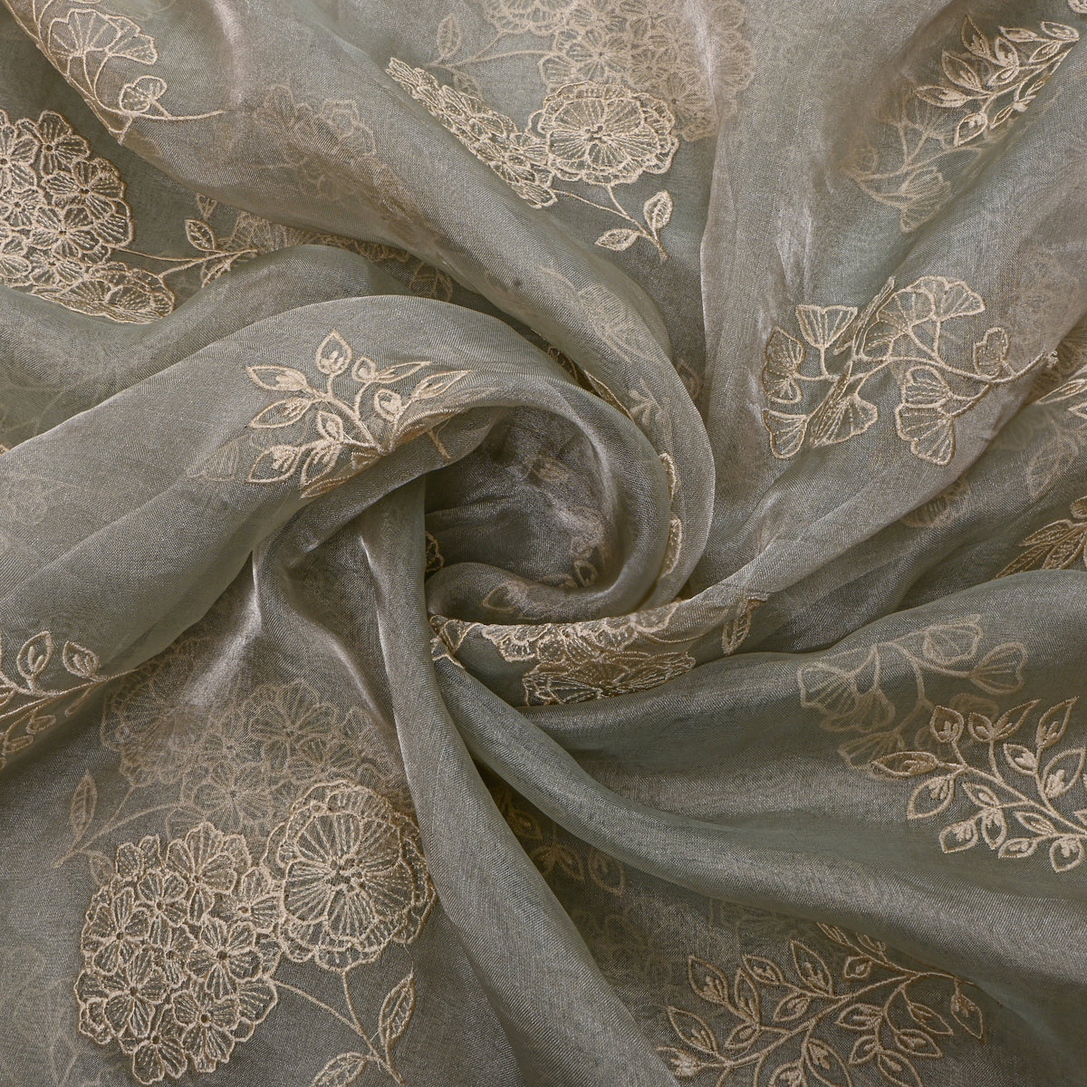 Light Gray Floral Thread Work Embroidery Tissue Fabric