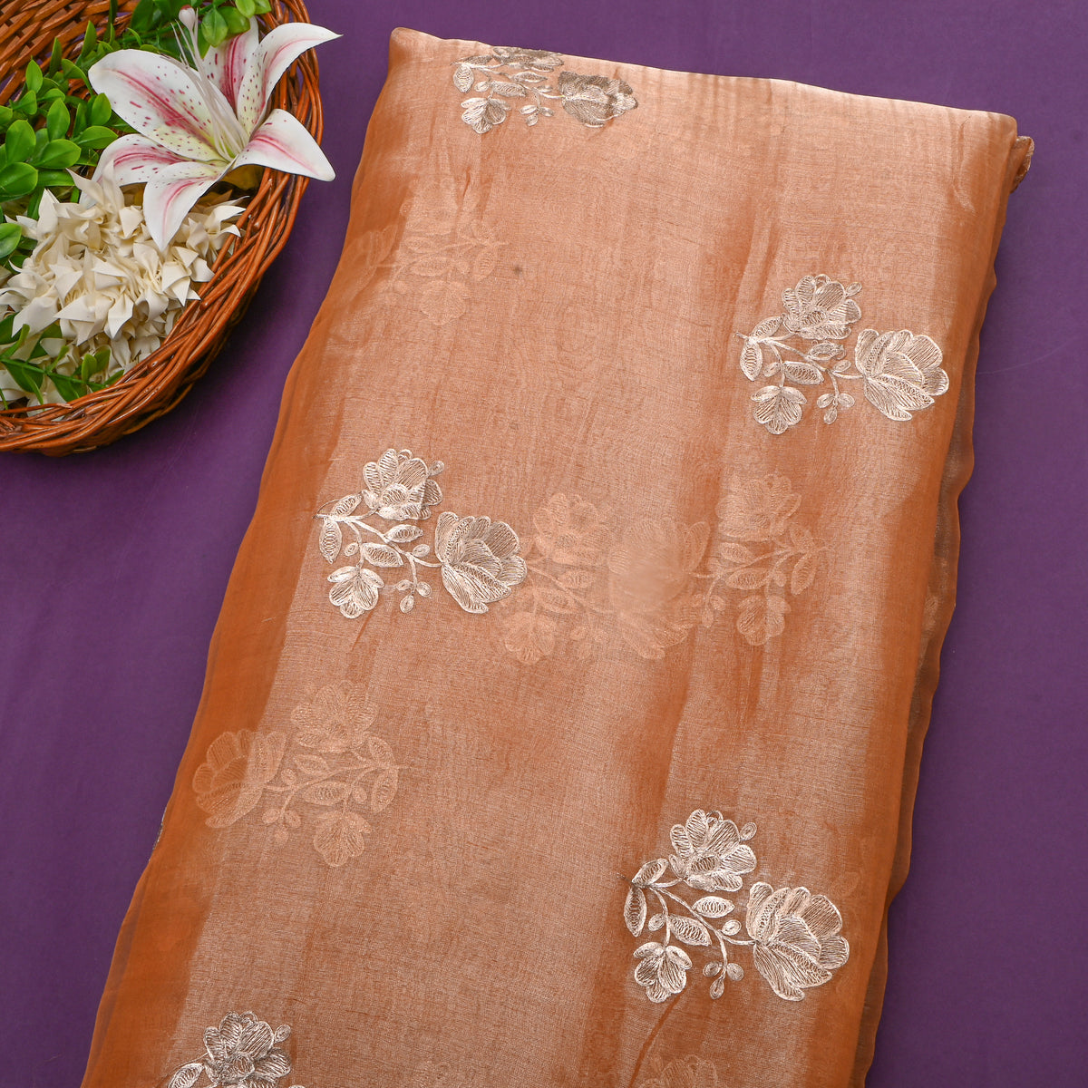 Bright Shinny Orange With Gold Zari Buttti Tissue Fabric