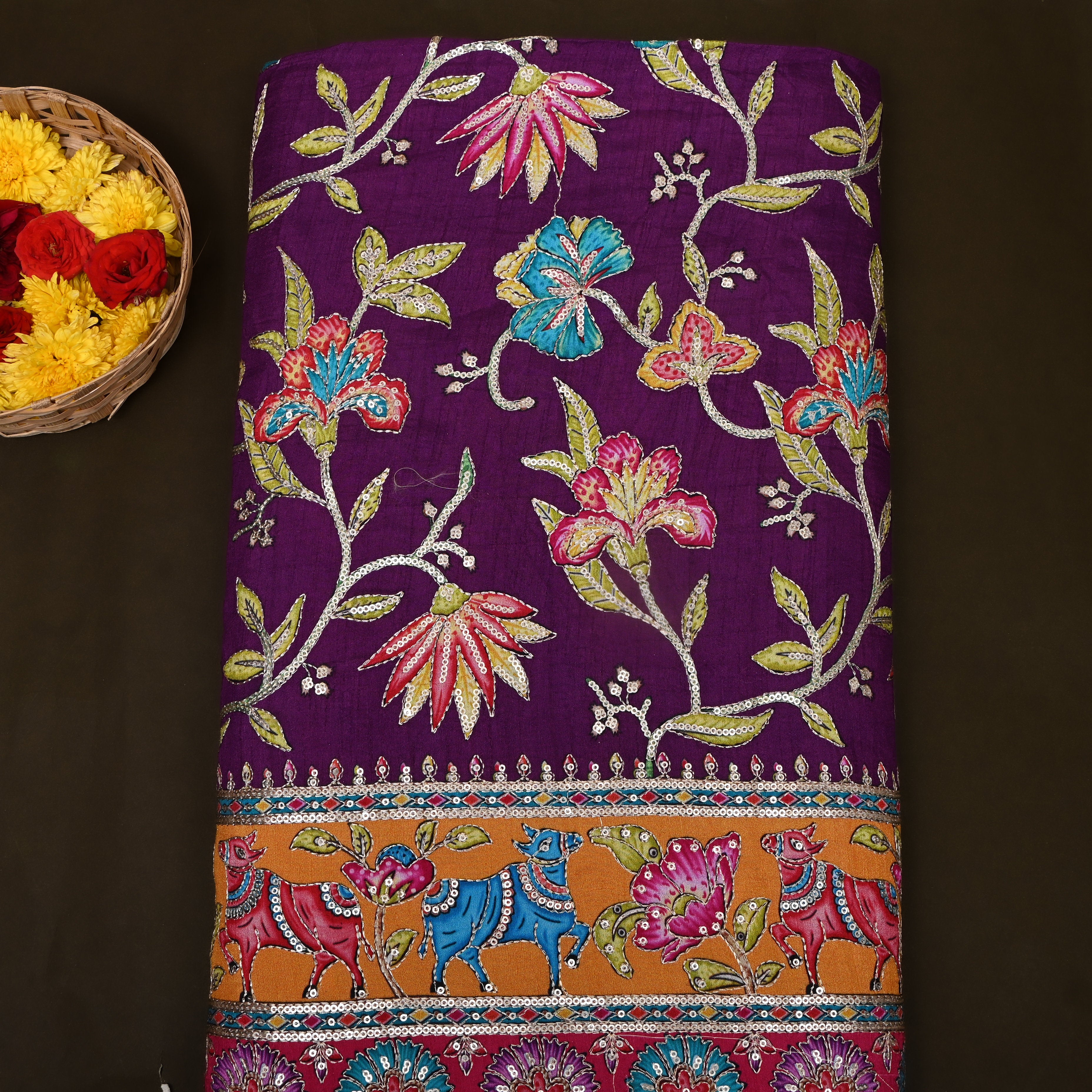 Wine Purple Floral Shikargah Border Sequin Embroidery Cotton Fabric