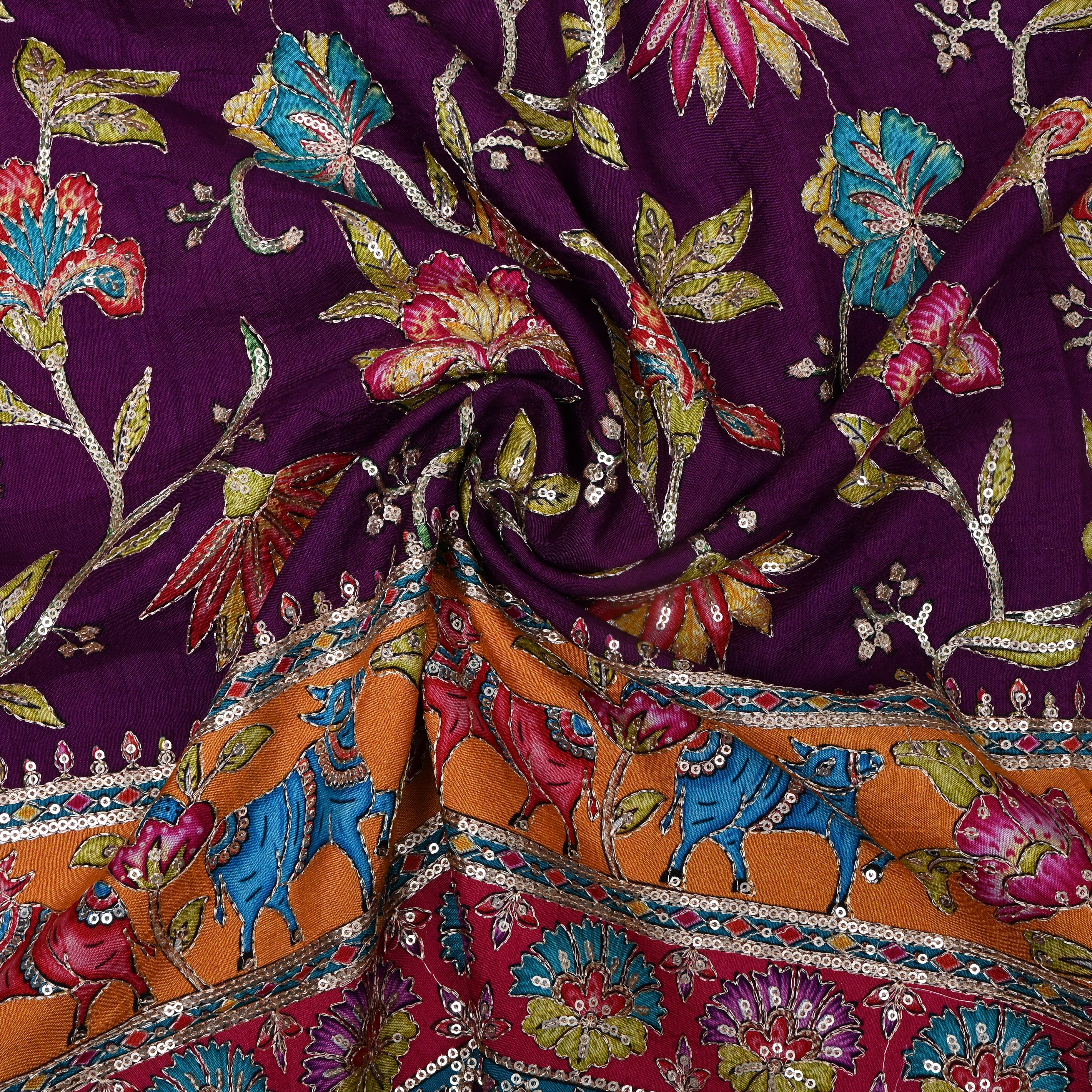 Wine Purple Floral Shikargah Border Sequin Embroidery Cotton Fabric