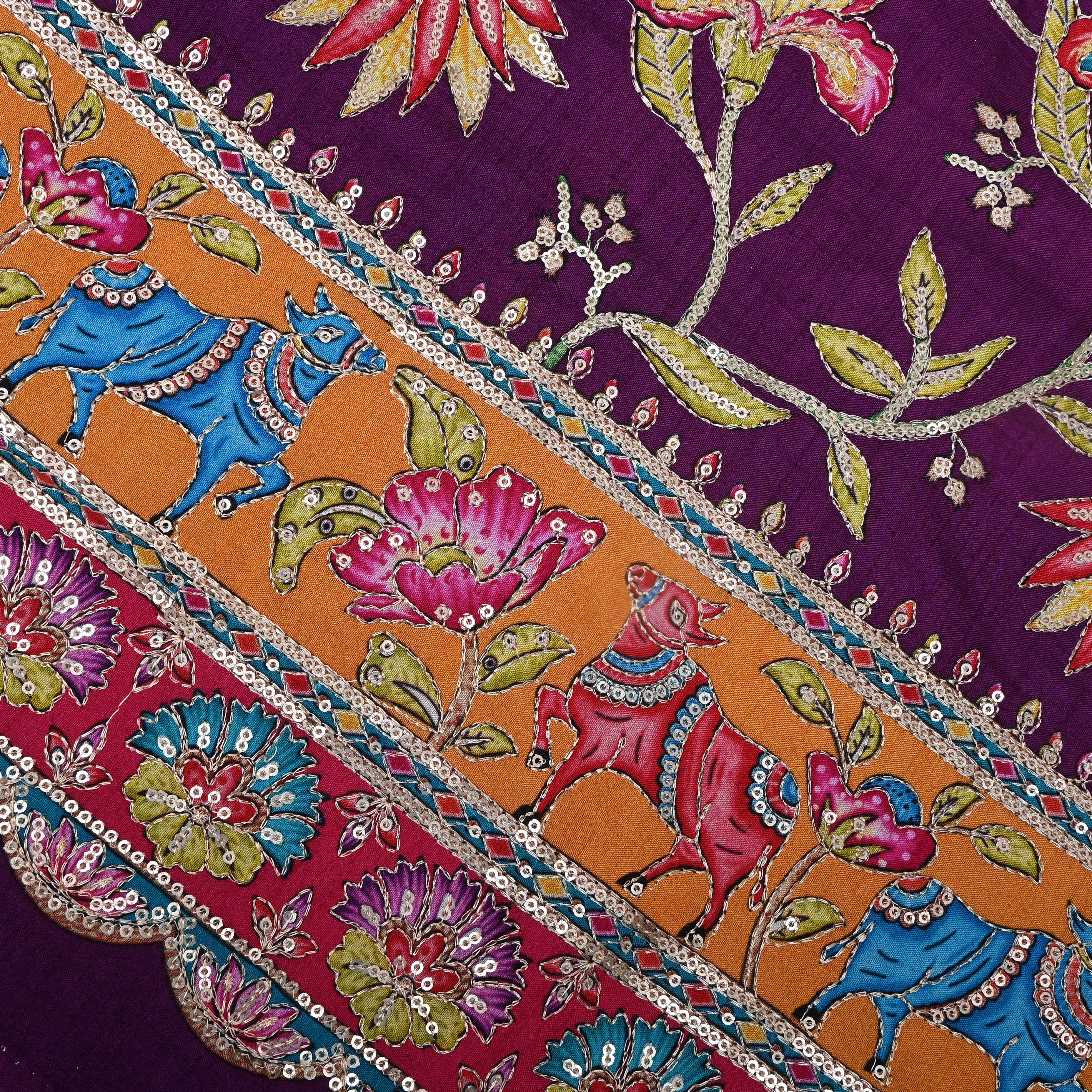 Wine Purple Floral Shikargah Border Sequin Embroidery Cotton Fabric