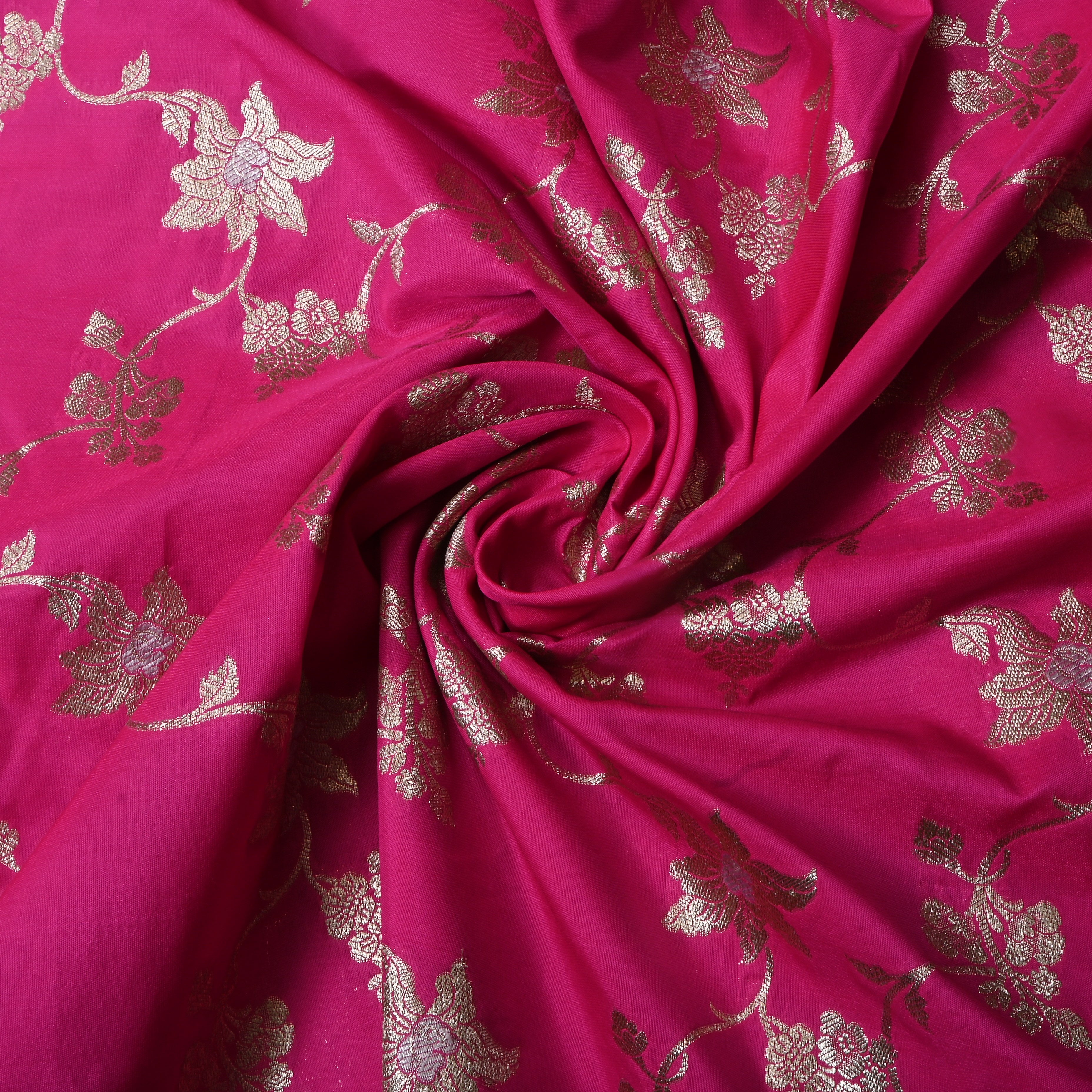 Bright Pink Floral Jamawar Silk Fabric