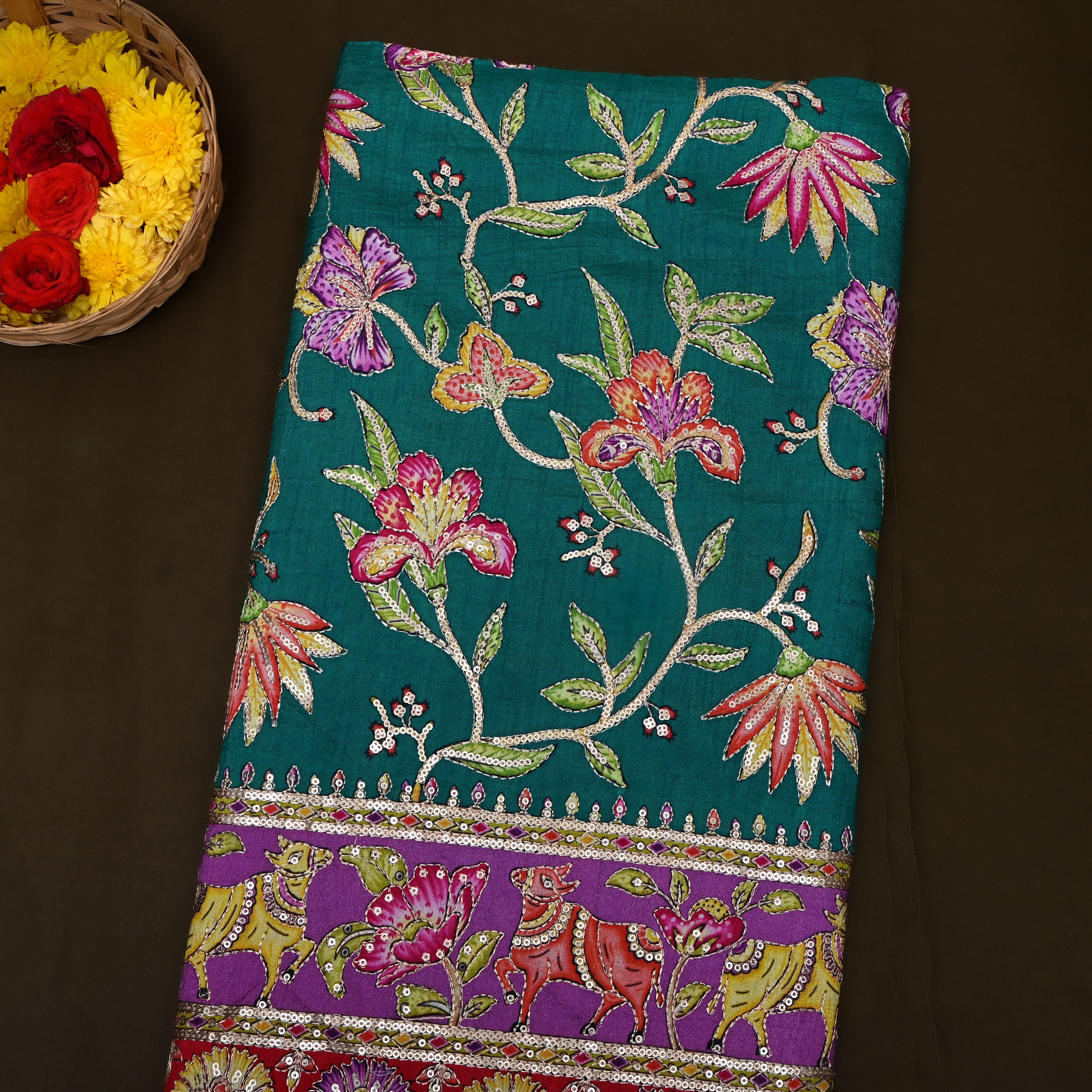 Bottle Green Multicolour Shikargah Deer Sequin Embroidery Cotton Fabric