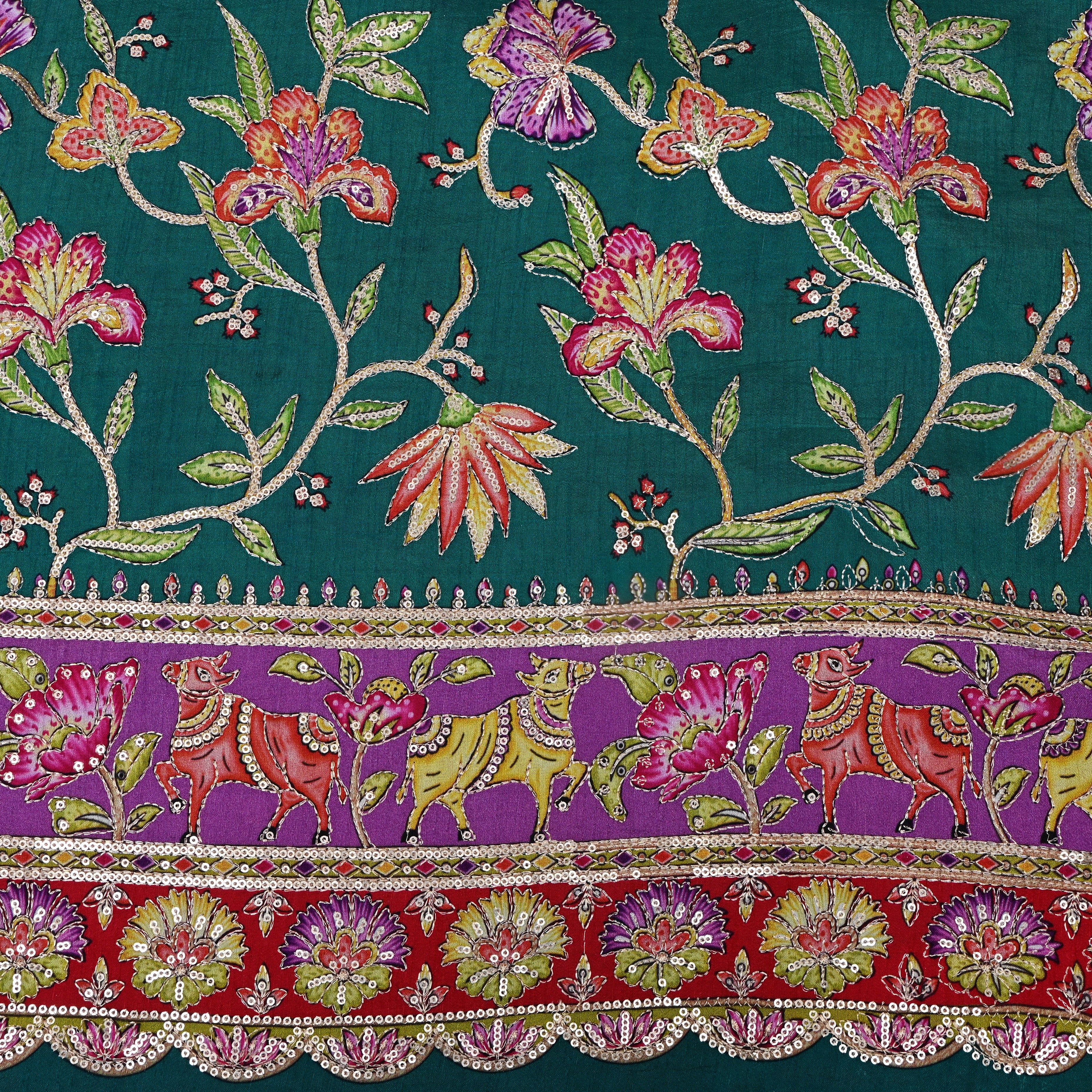 Bottle Green Multicolour Shikargah Deer Sequin Embroidery Cotton Fabric