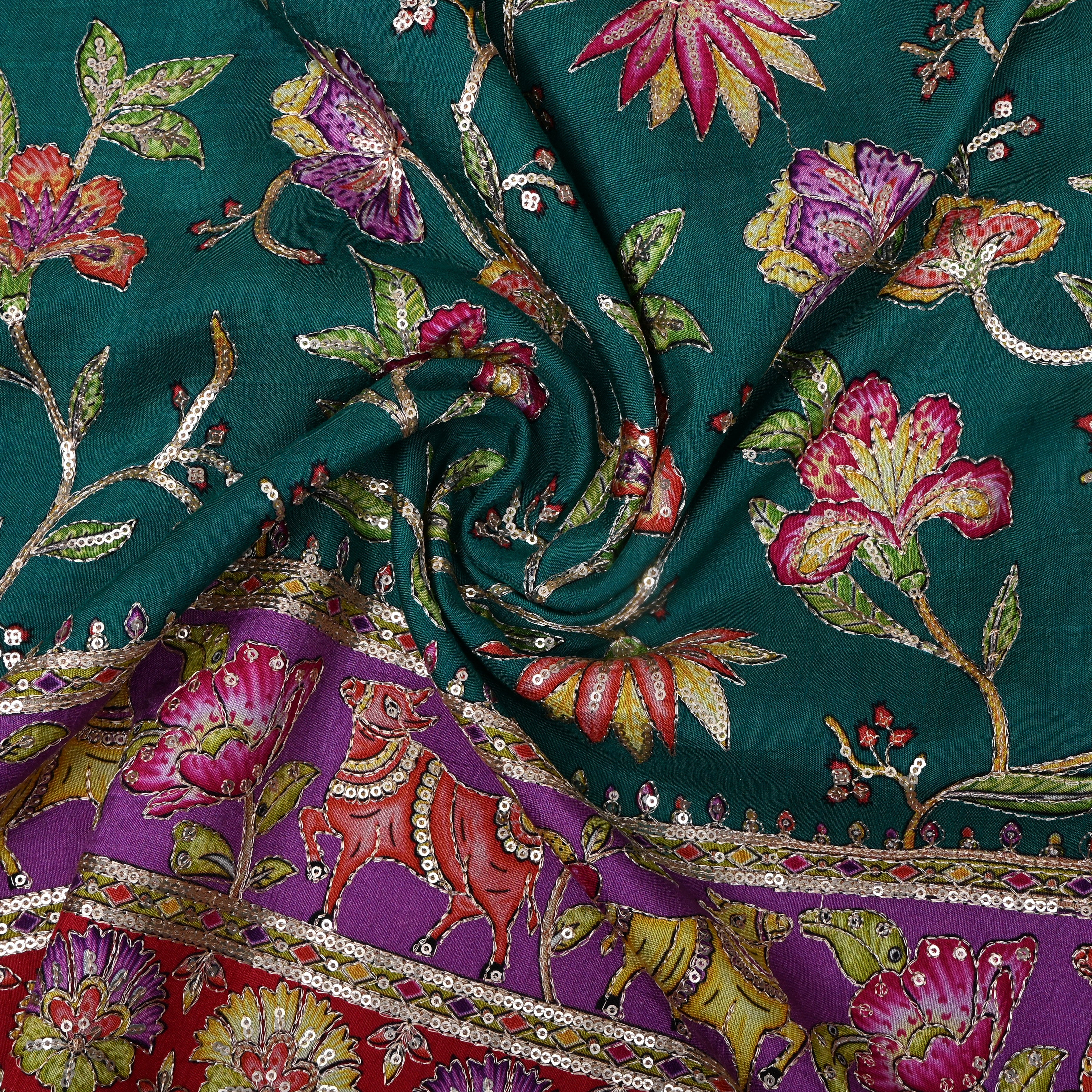 Bottle Green Multicolour Shikargah Deer Sequin Embroidery Cotton Fabric